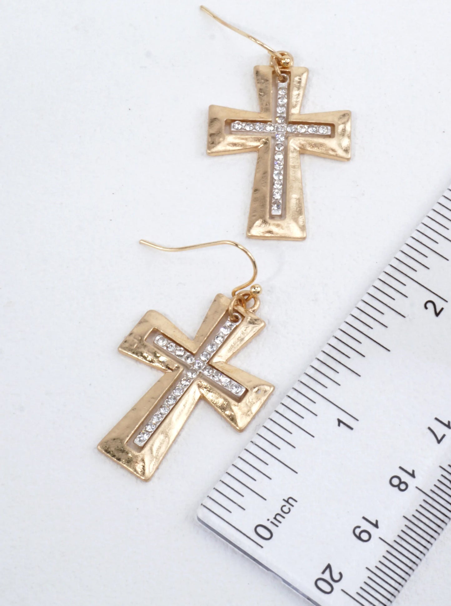 Hammered Cross Rhinestone Drop Earrings