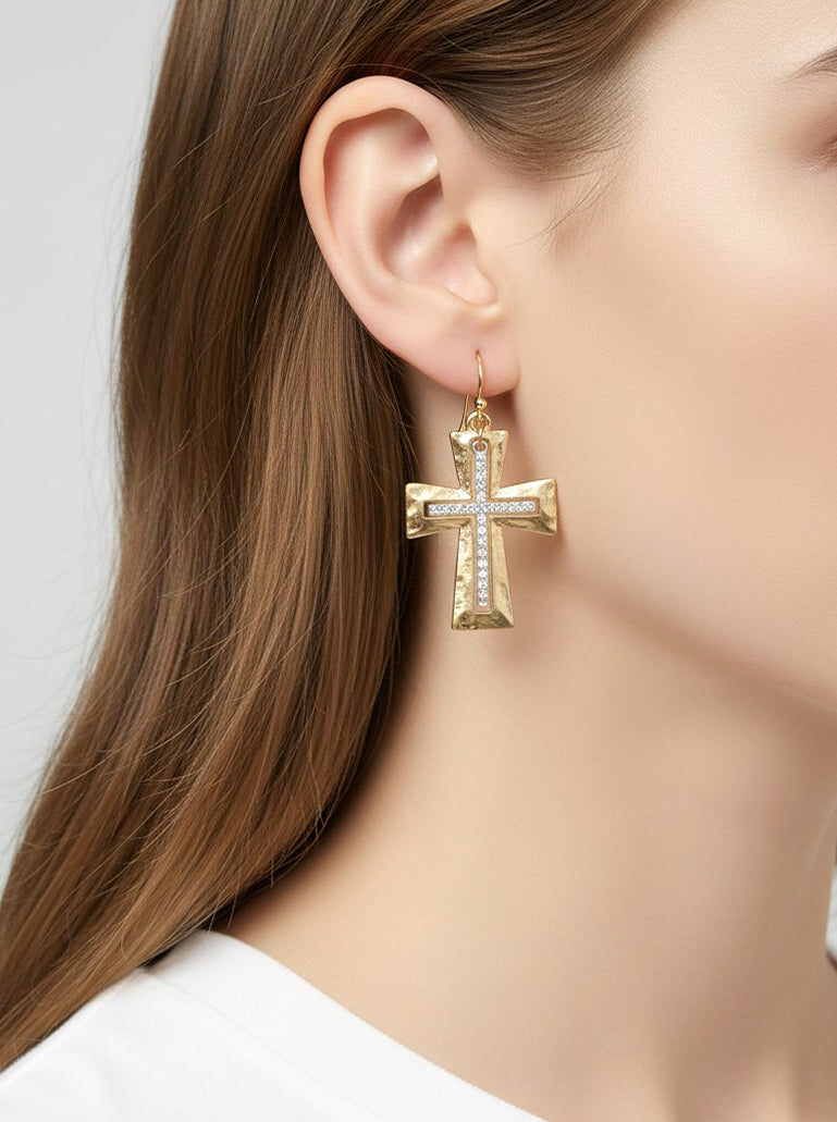 Hammered Cross Rhinestone Drop Earrings