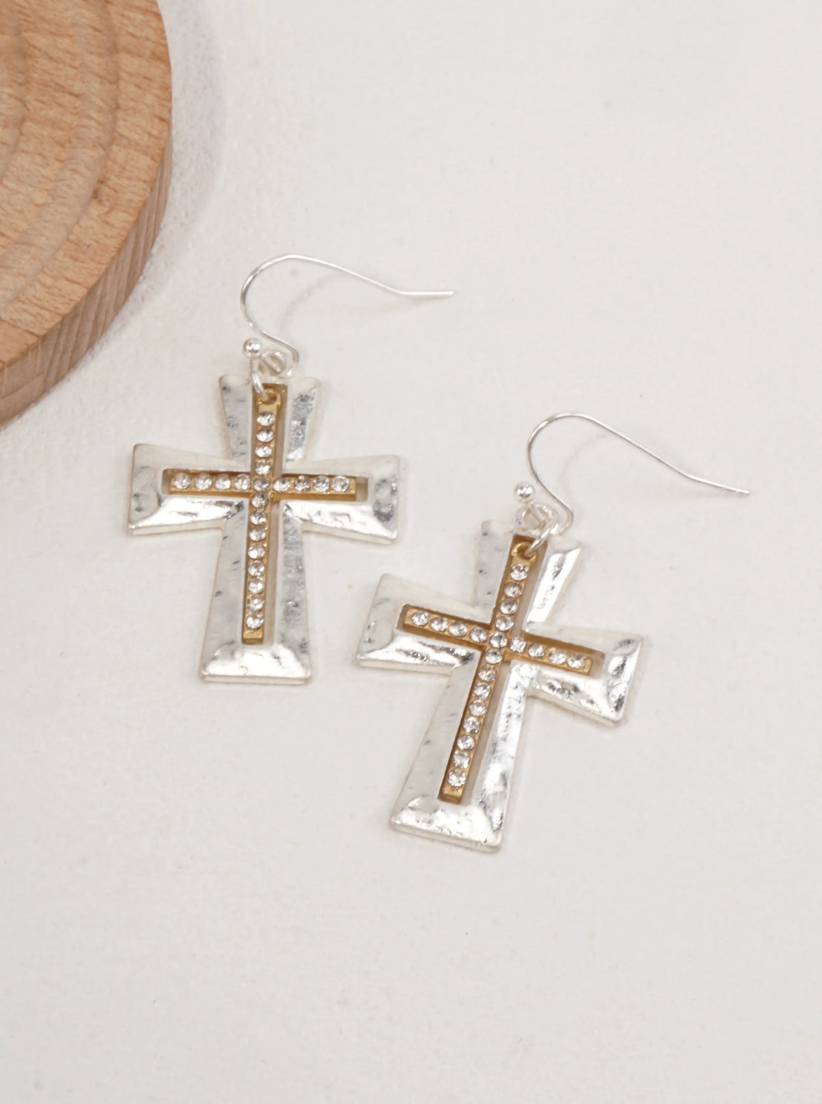 Hammered Cross Rhinestone Drop Earrings