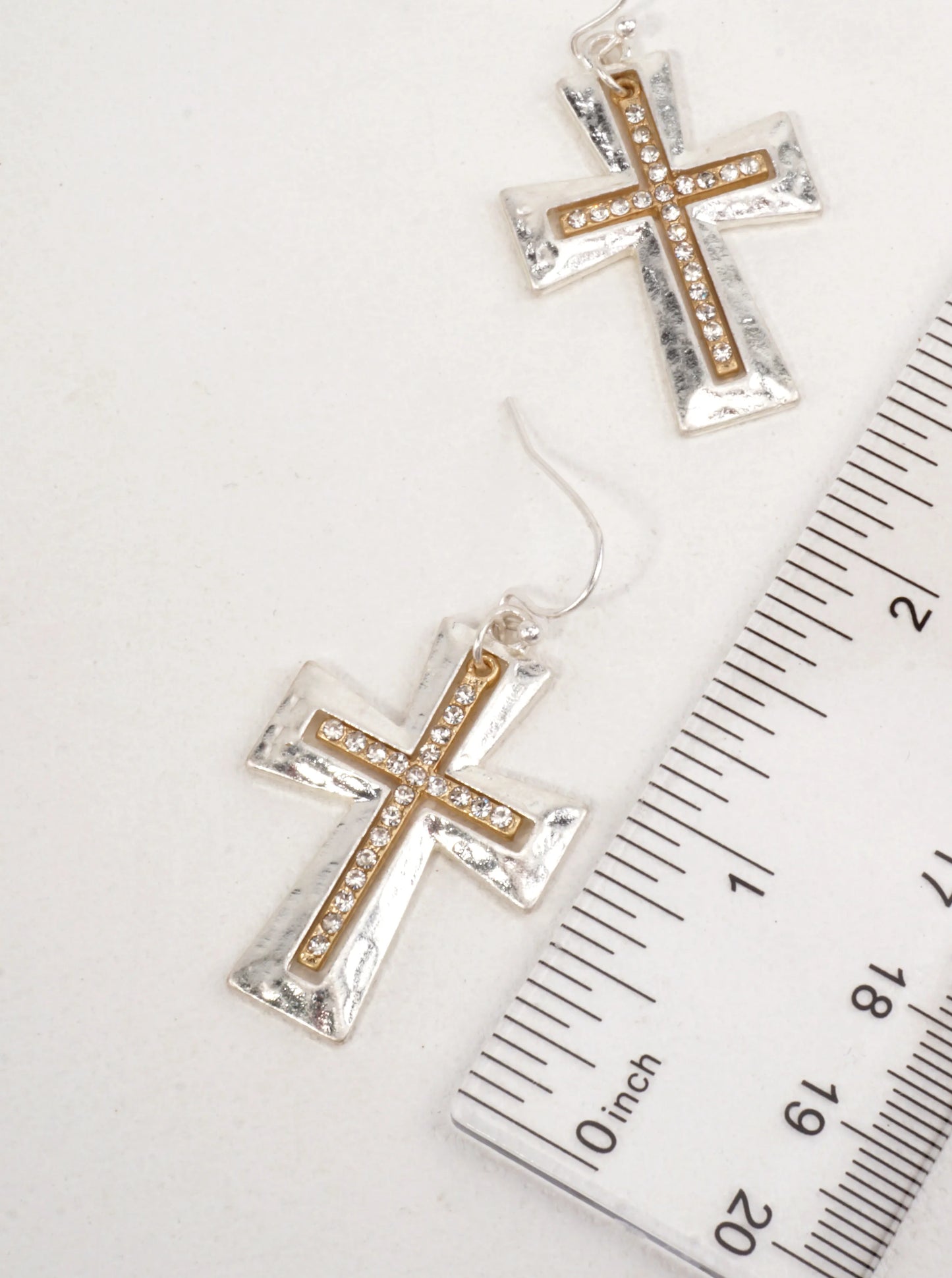 Hammered Cross Rhinestone Drop Earrings