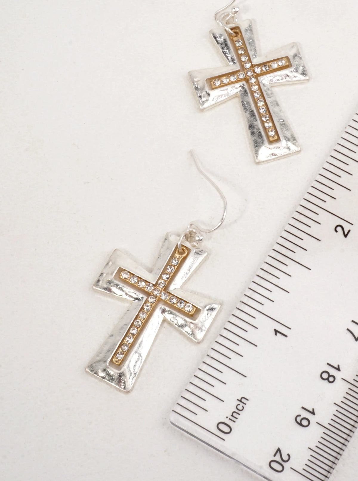 Hammered Cross Rhinestone Drop Earrings