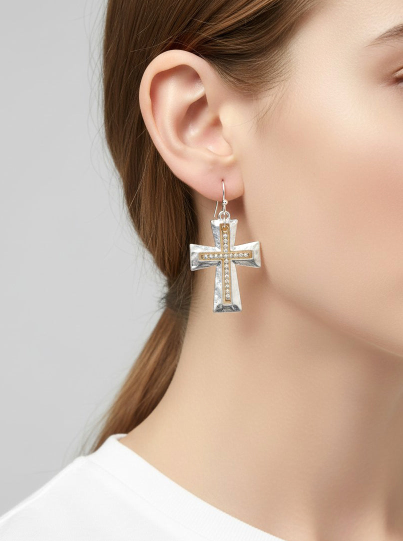 Hammered Cross Rhinestone Drop Earrings