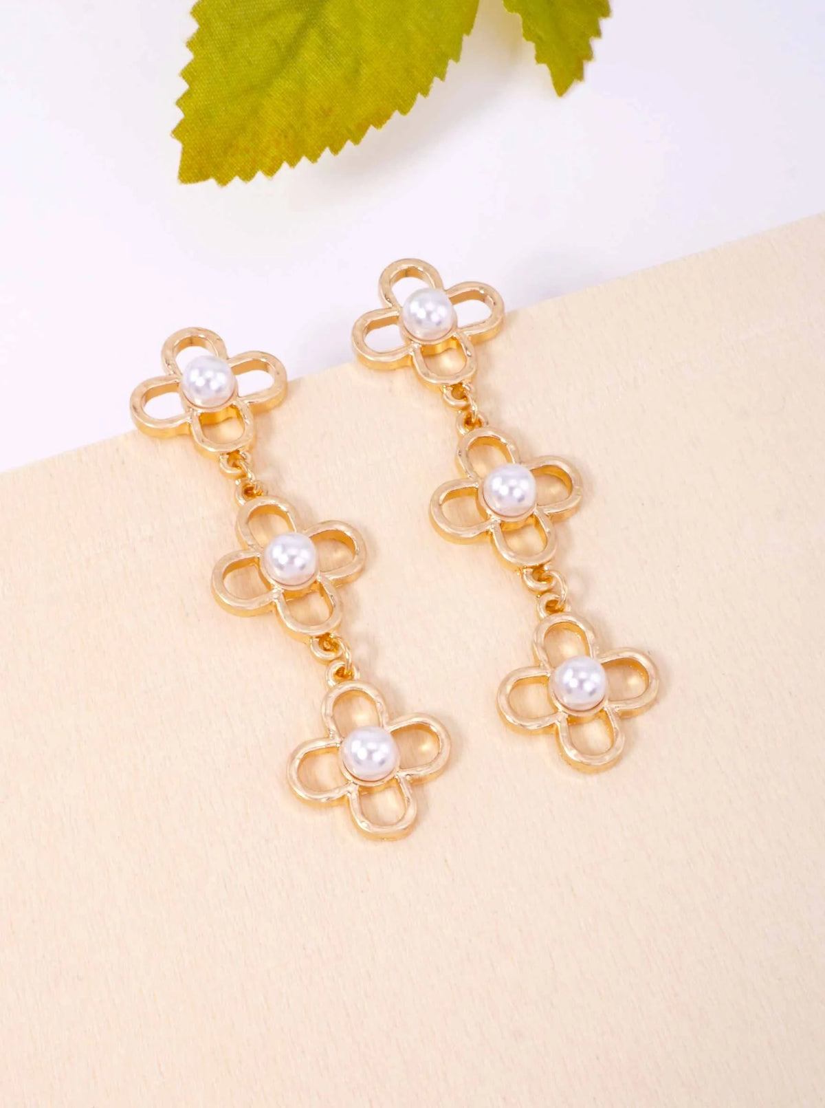 Pearl Flower Triple Drop Matte Post Back Earrings - Worn Gold Pearl