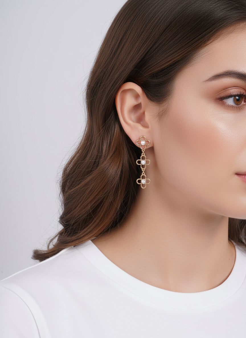 Pearl Flower Triple Drop Matte Post Back Earrings - Worn Gold Pearl