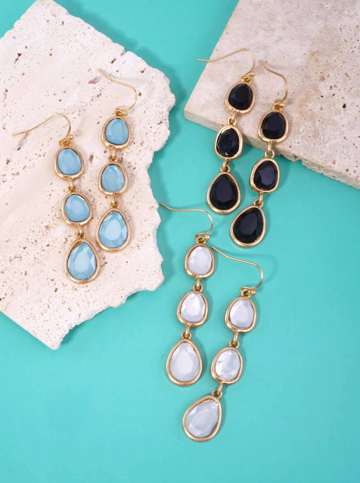 Triple Faceted Teardrop Worn Hook Drop Earrings