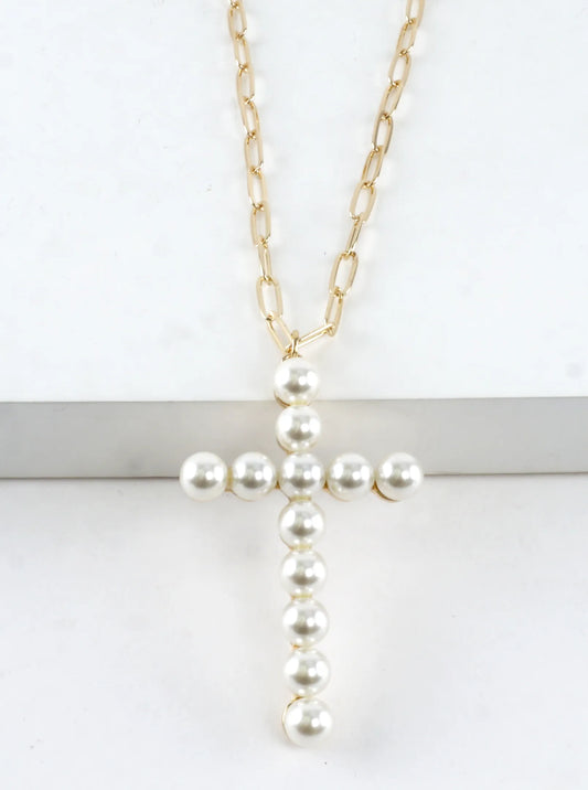 32 In Pearl Cross Pendant Paperclip Chain Necklace