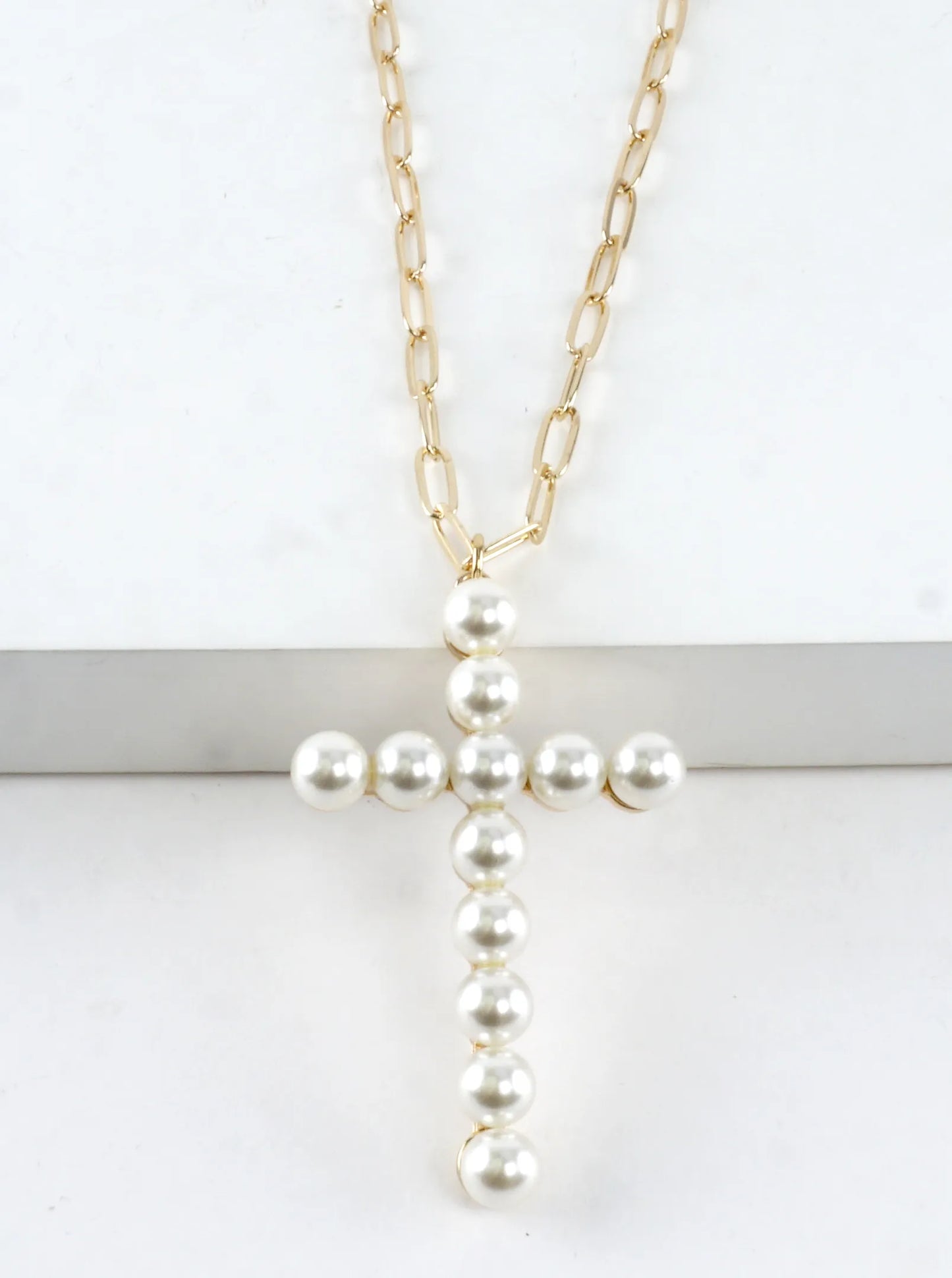 32 In Pearl Cross Pendant Paperclip Chain Necklace