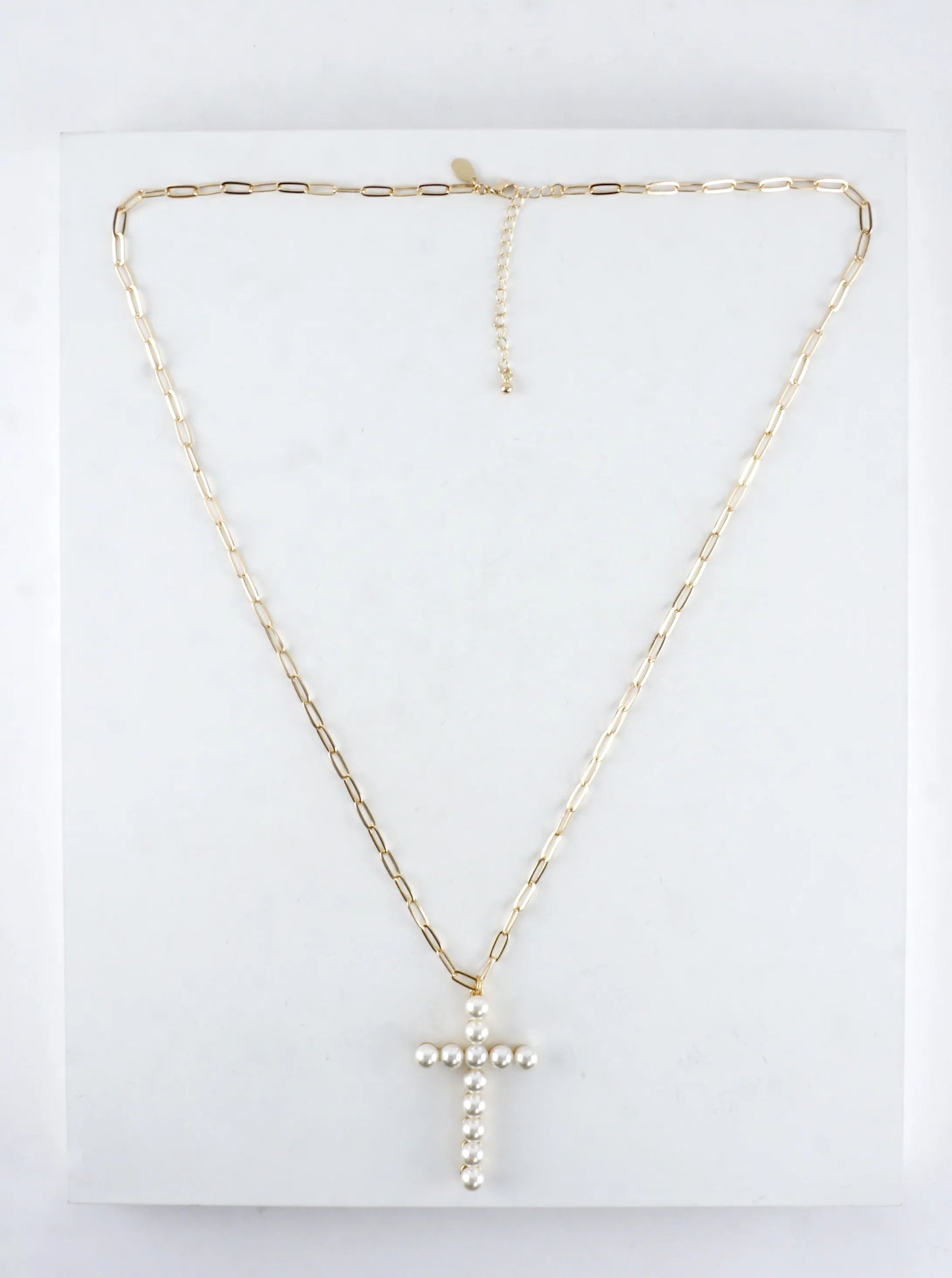32 In Pearl Cross Pendant Paperclip Chain Necklace