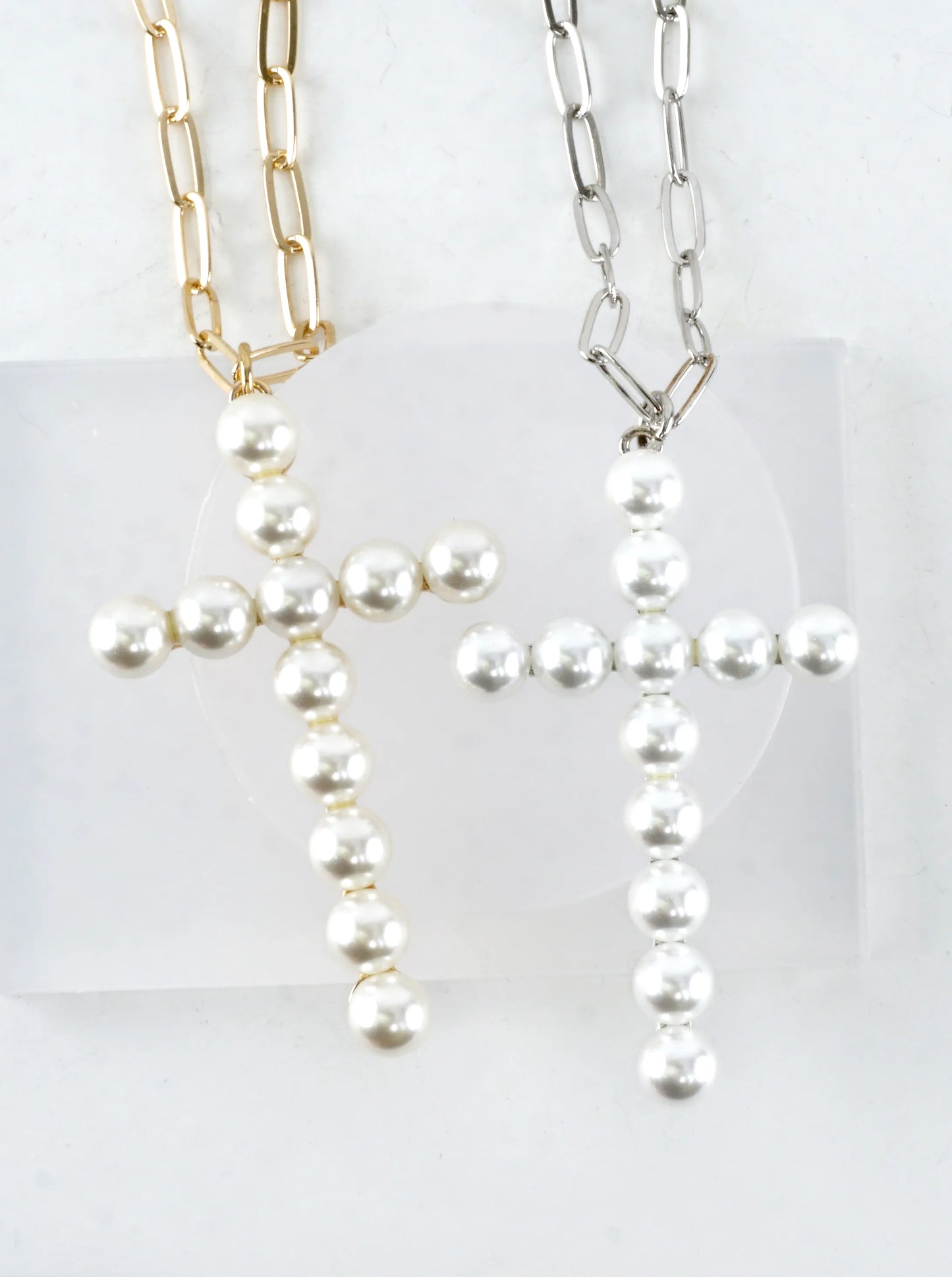 32 In Pearl Cross Pendant Paperclip Chain Necklace