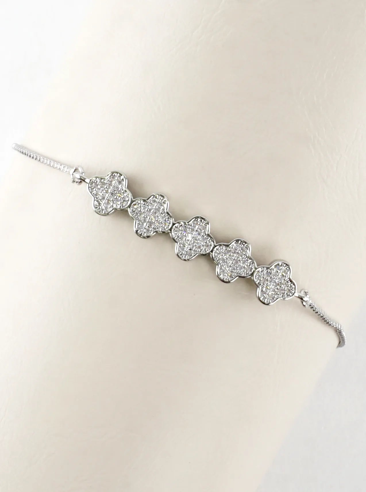 Quatrefoil CZ Pave Brass Pull Tie Bracelet