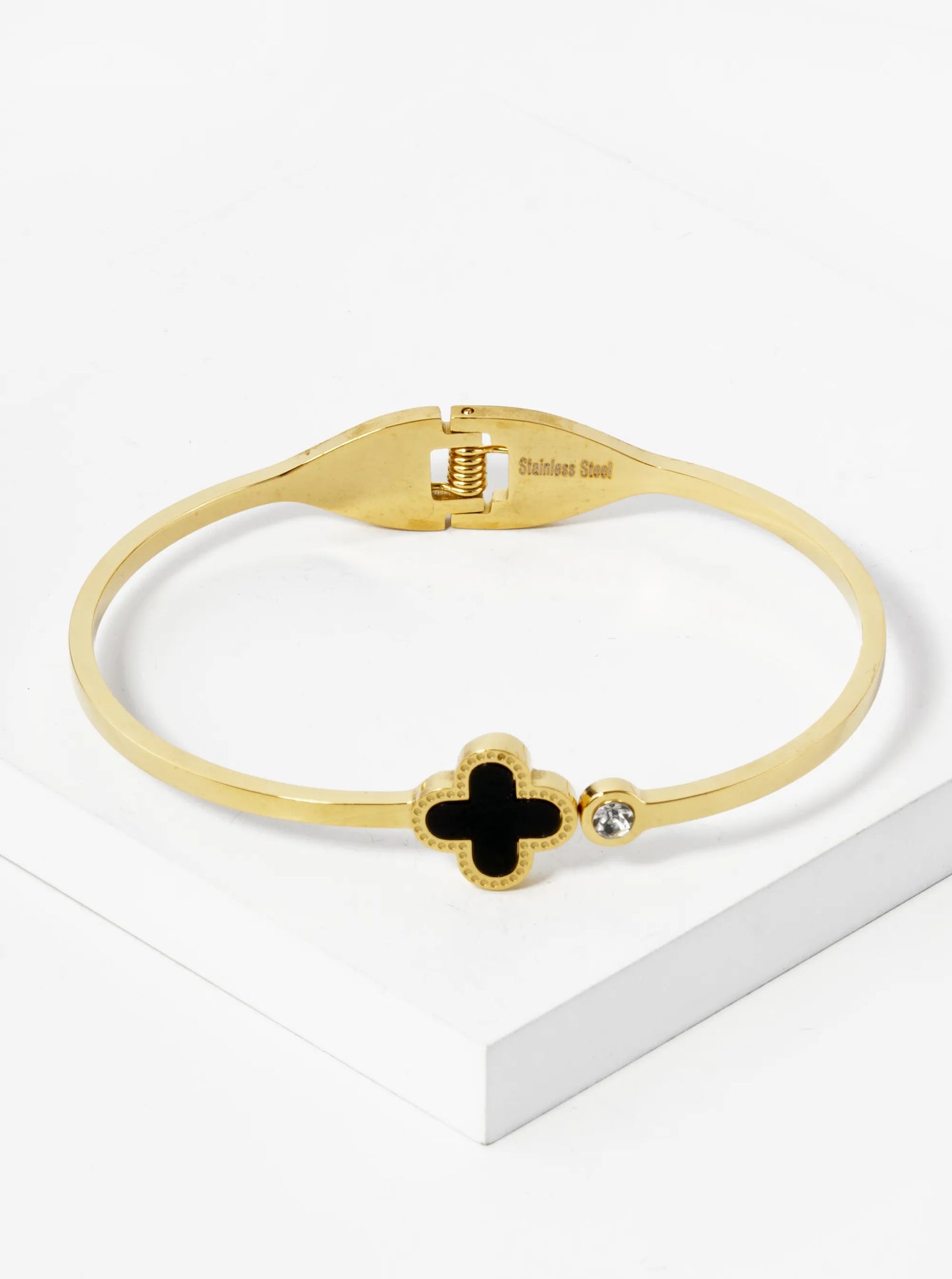 Quatrefoil Crystal Accent 2mm Thick Open Bangle Bracelet