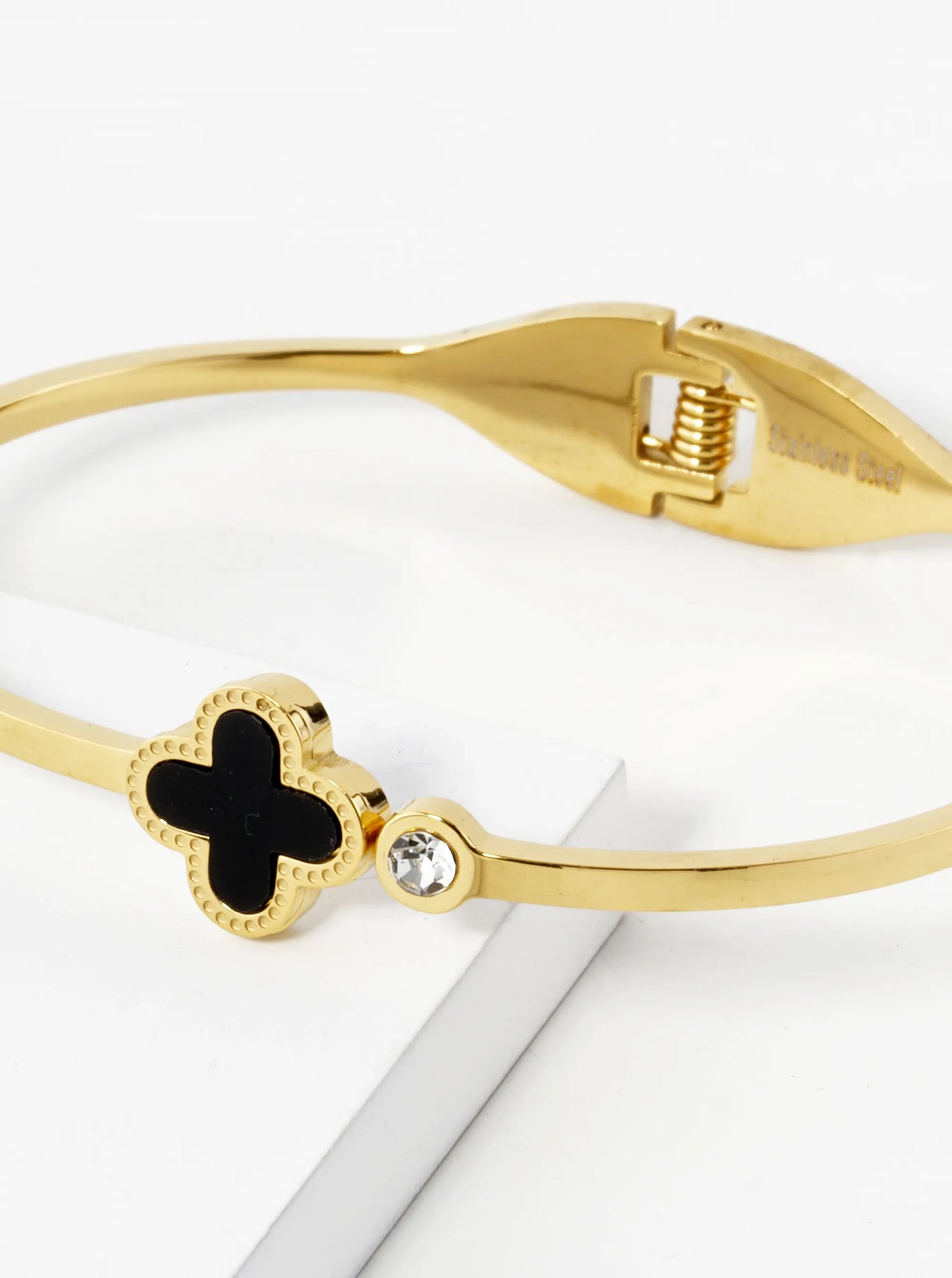 Quatrefoil Crystal Accent 2mm Thick Open Bangle Bracelet