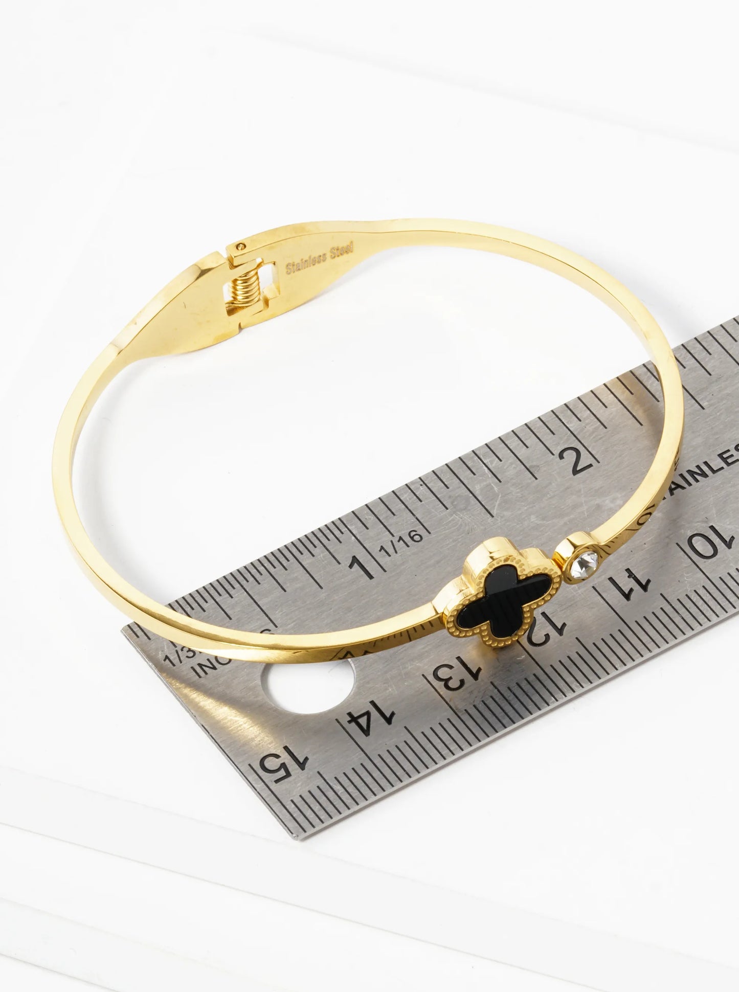 Quatrefoil Crystal Accent 2mm Thick Open Bangle Bracelet
