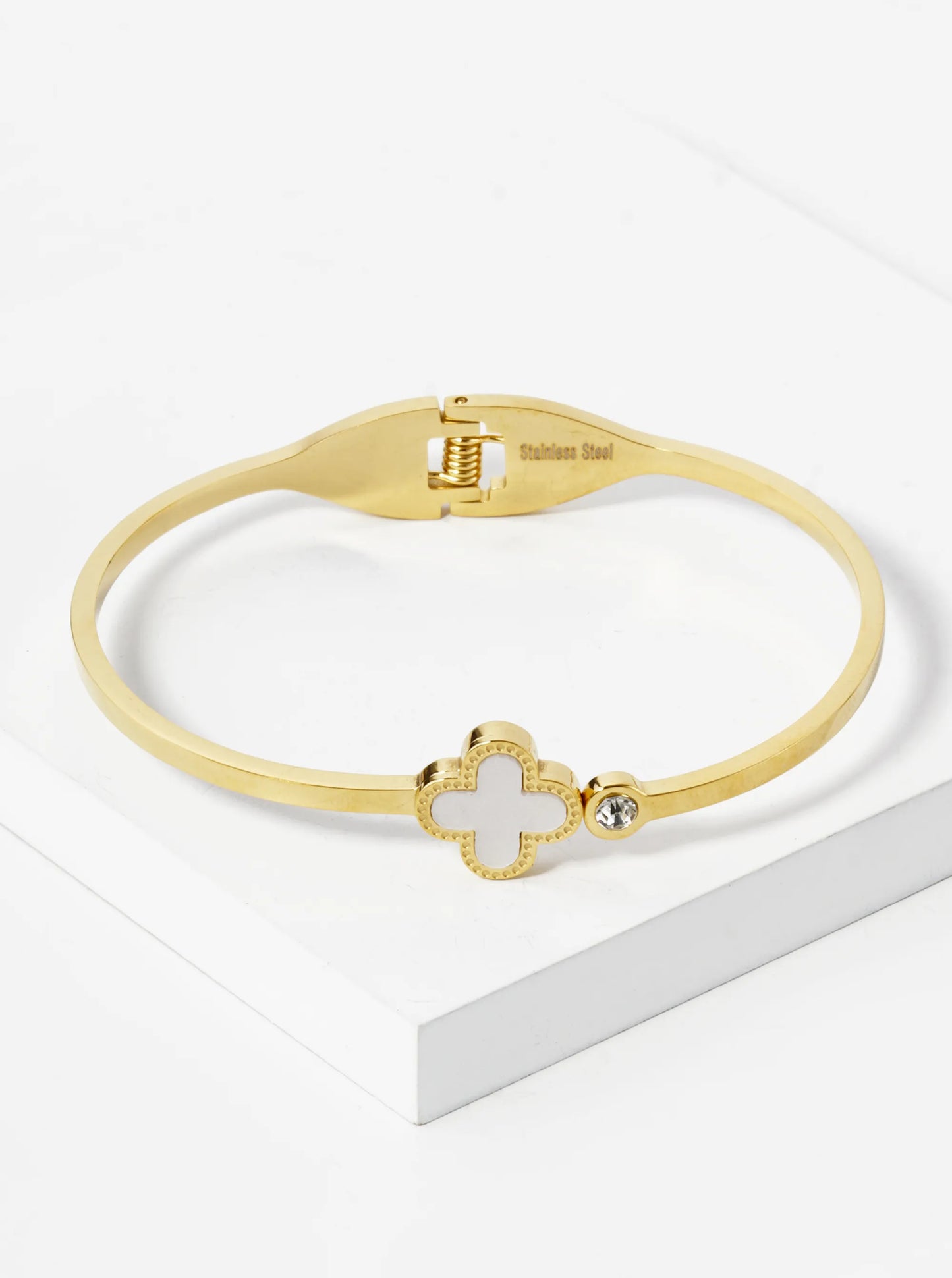 Quatrefoil Crystal Accent 2mm Thick Open Bangle Bracelet