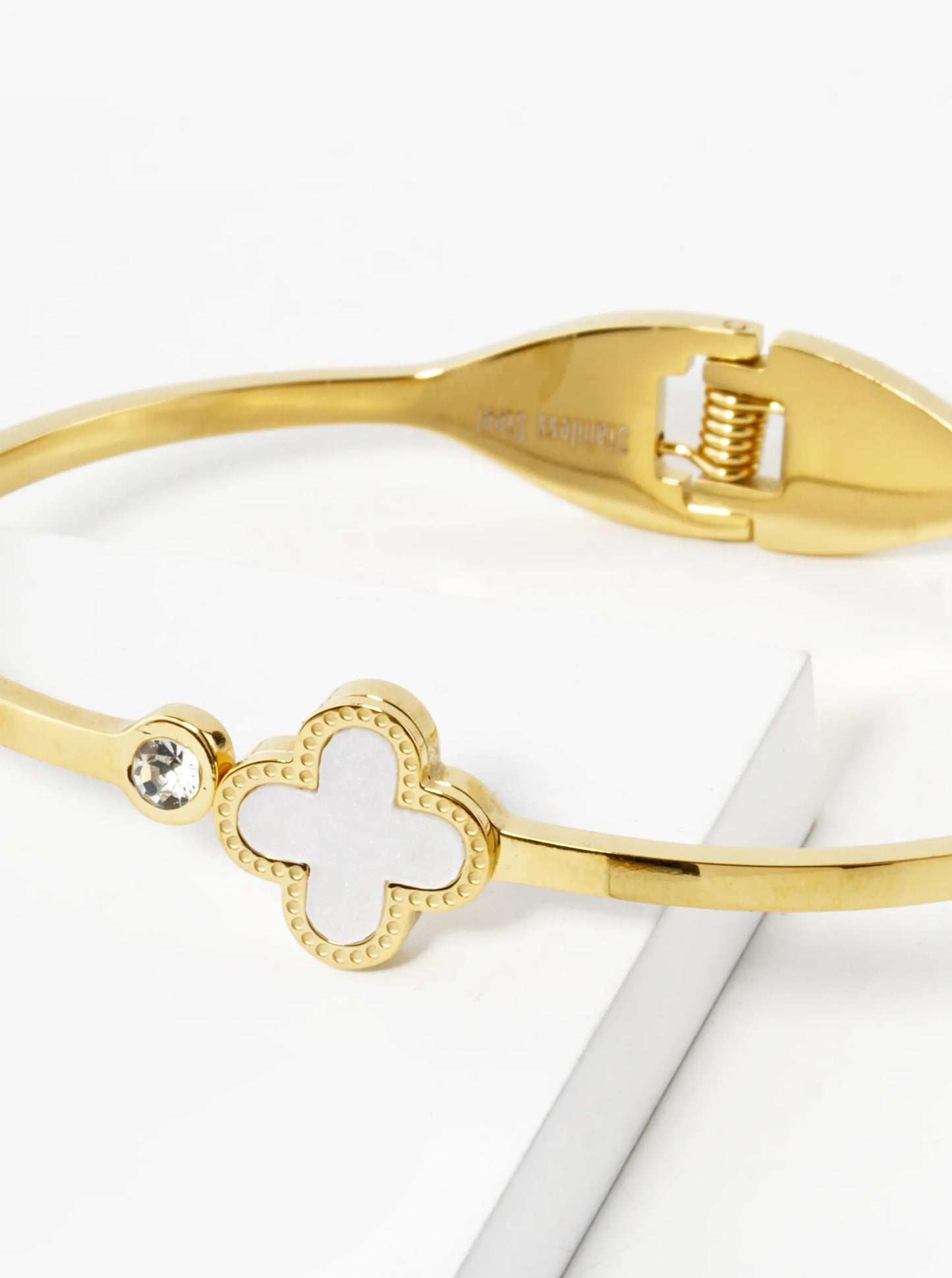 Quatrefoil Crystal Accent 2mm Thick Open Bangle Bracelet