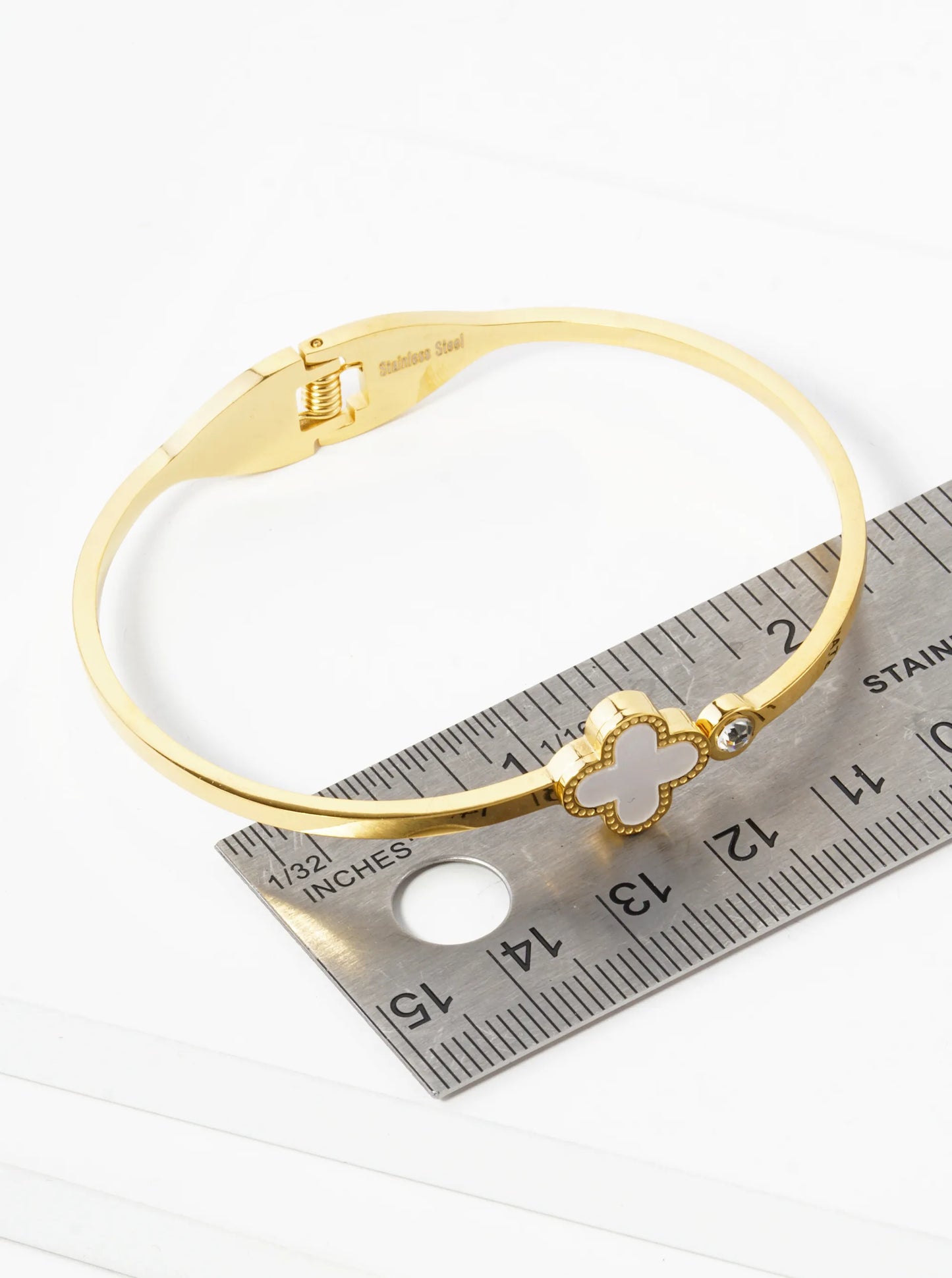 Quatrefoil Crystal Accent 2mm Thick Open Bangle Bracelet