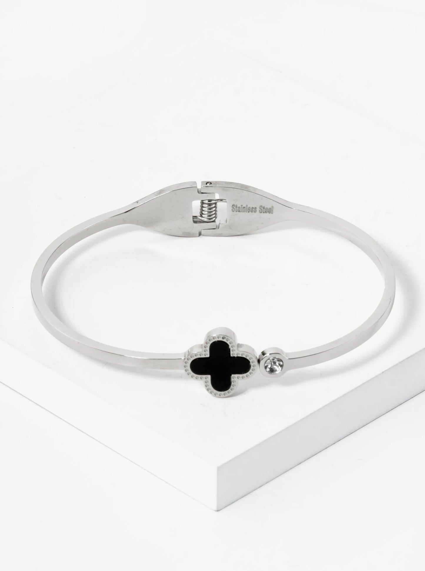 Quatrefoil Crystal Accent 2mm Thick Open Bangle Bracelet