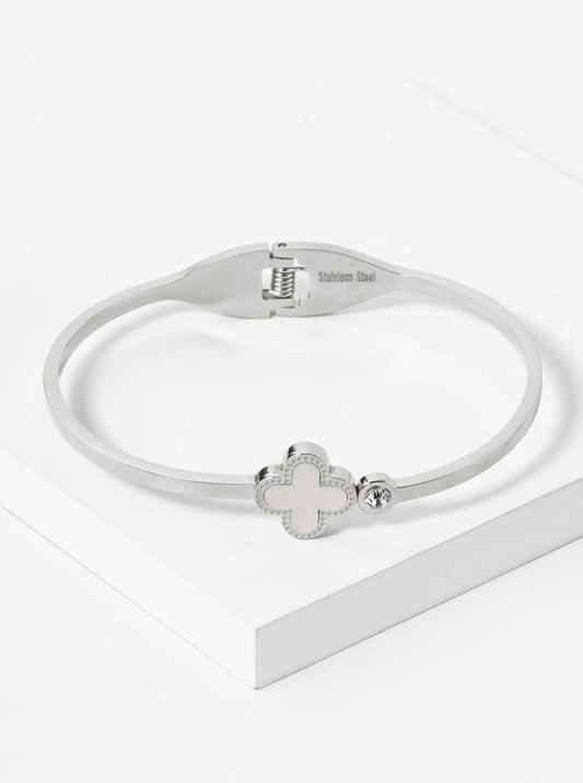 Quatrefoil Crystal Accent 2mm Thick Open Bangle Bracelet