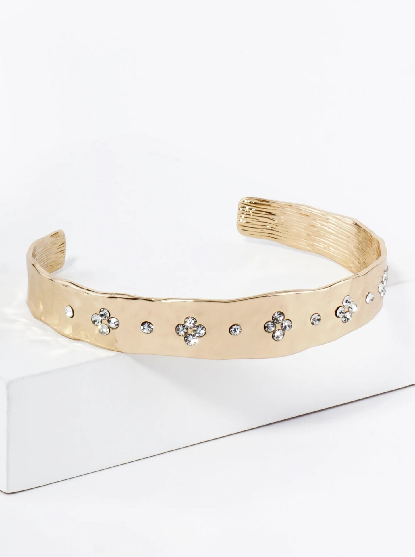 Quatrefoil Crystal Pave Hammered Metal Cuff Bracelet
