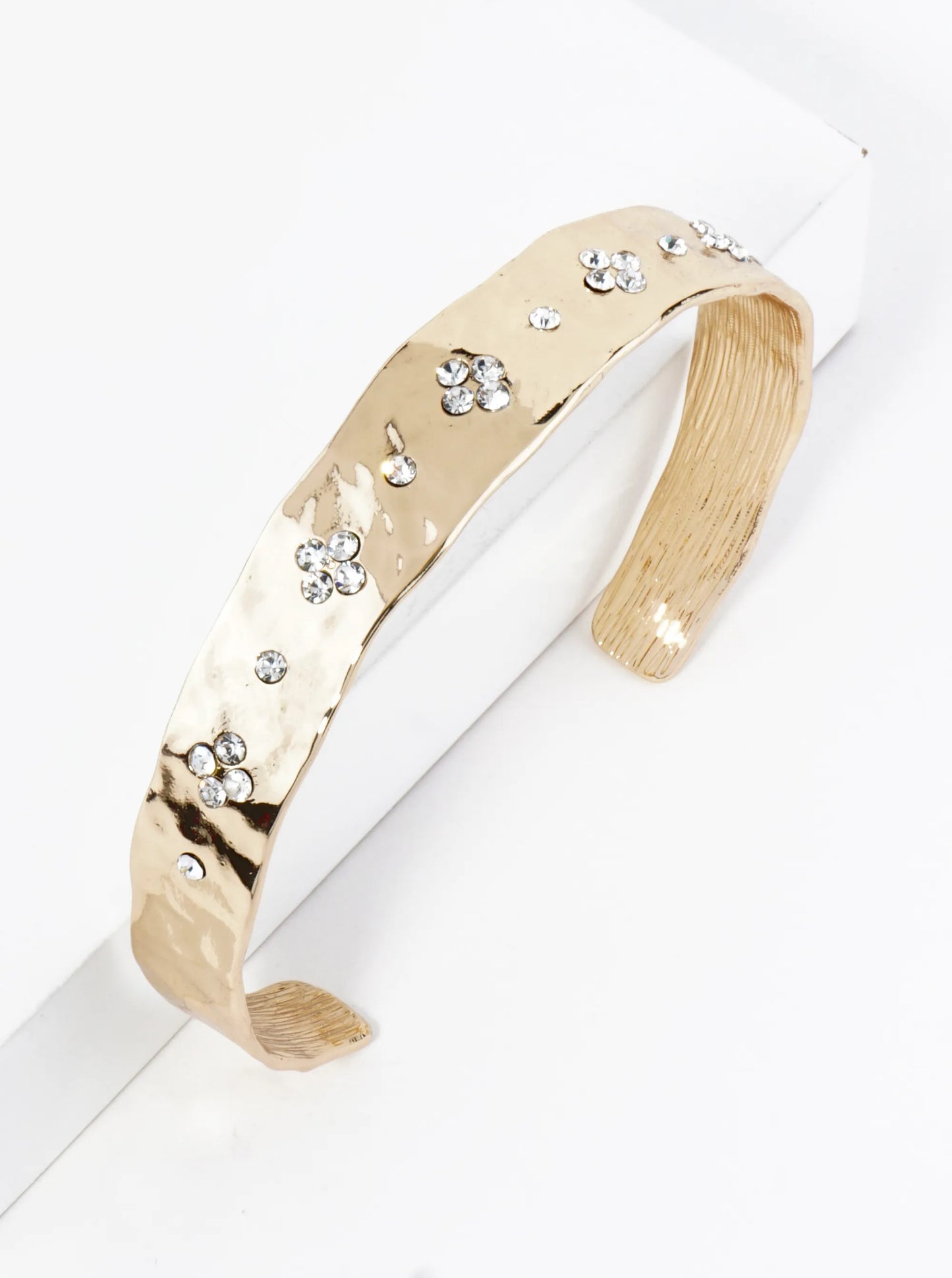 Quatrefoil Crystal Pave Hammered Metal Cuff Bracelet