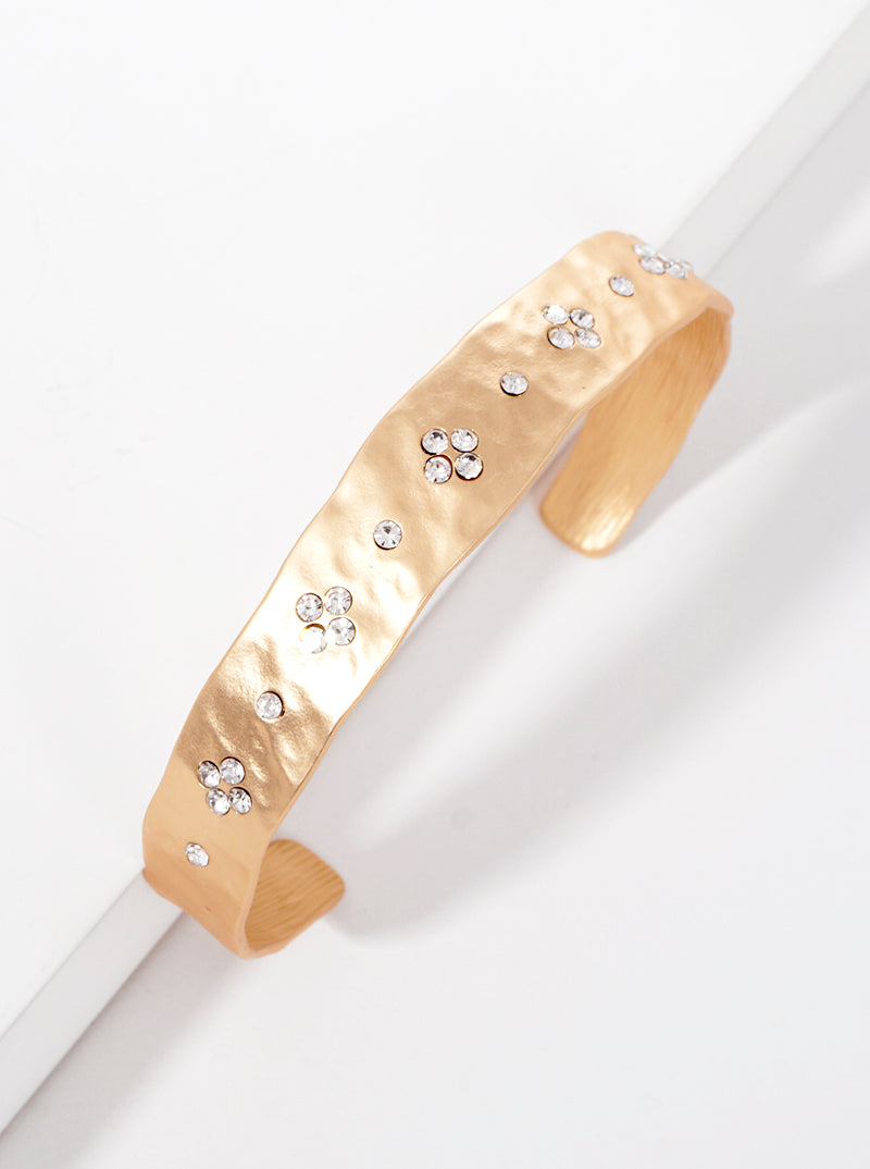 Quatrefoil Crystal Pave Hammered Metal Cuff Bracelet