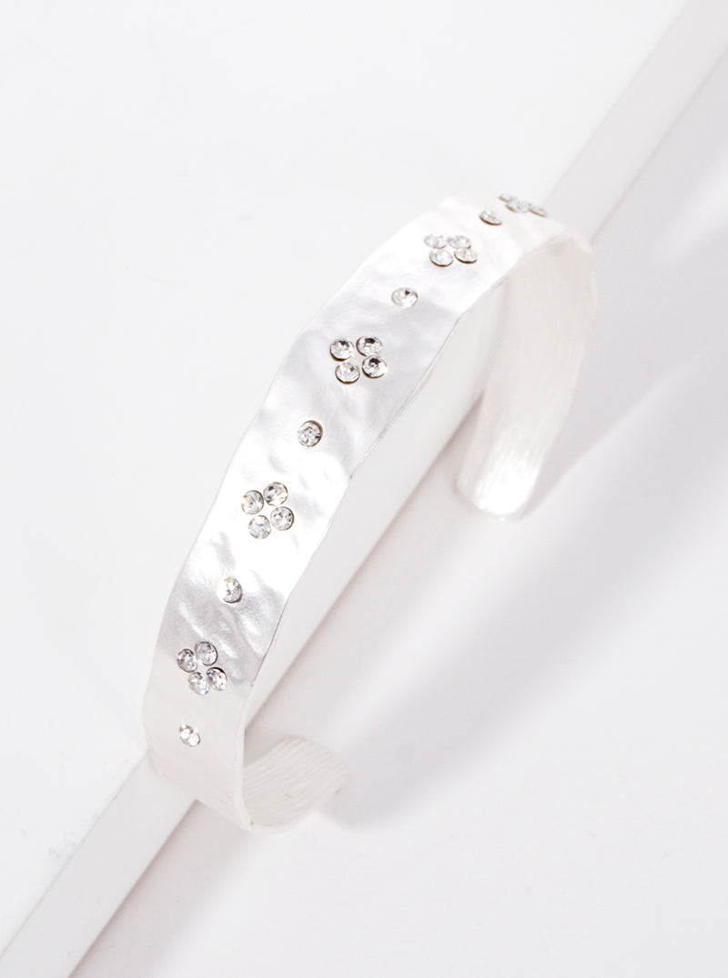 Quatrefoil Crystal Pave Hammered Metal Cuff Bracelet