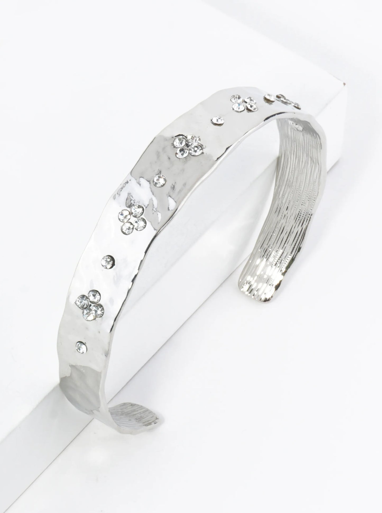 Quatrefoil Crystal Pave Hammered Metal Cuff Bracelet