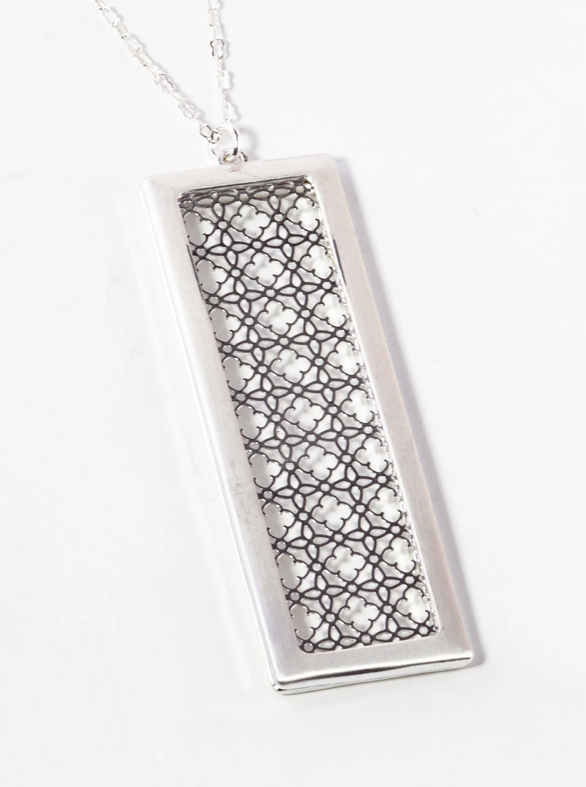 Quatrefoil Filigree Rectangle Pendant 32 Inch Long Necklace