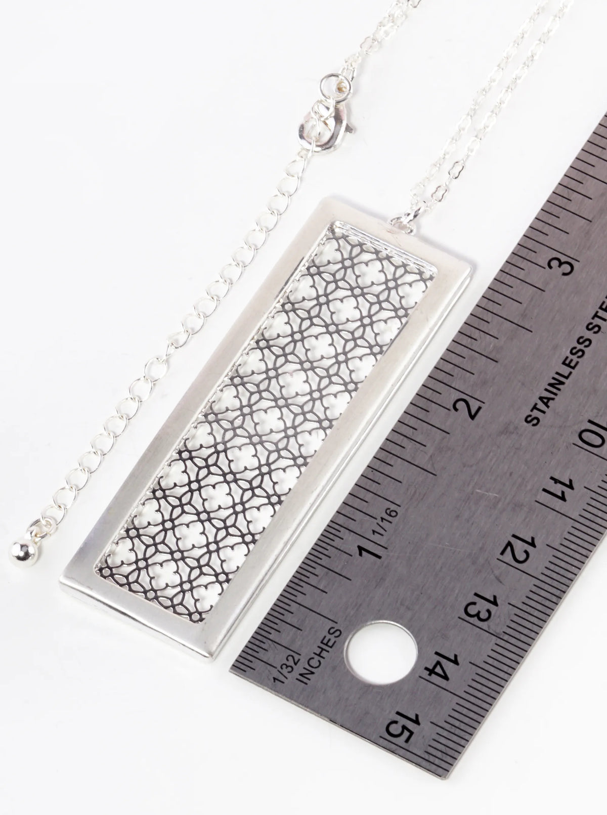 Quatrefoil Filigree Rectangle Pendant 32 Inch Long Necklace