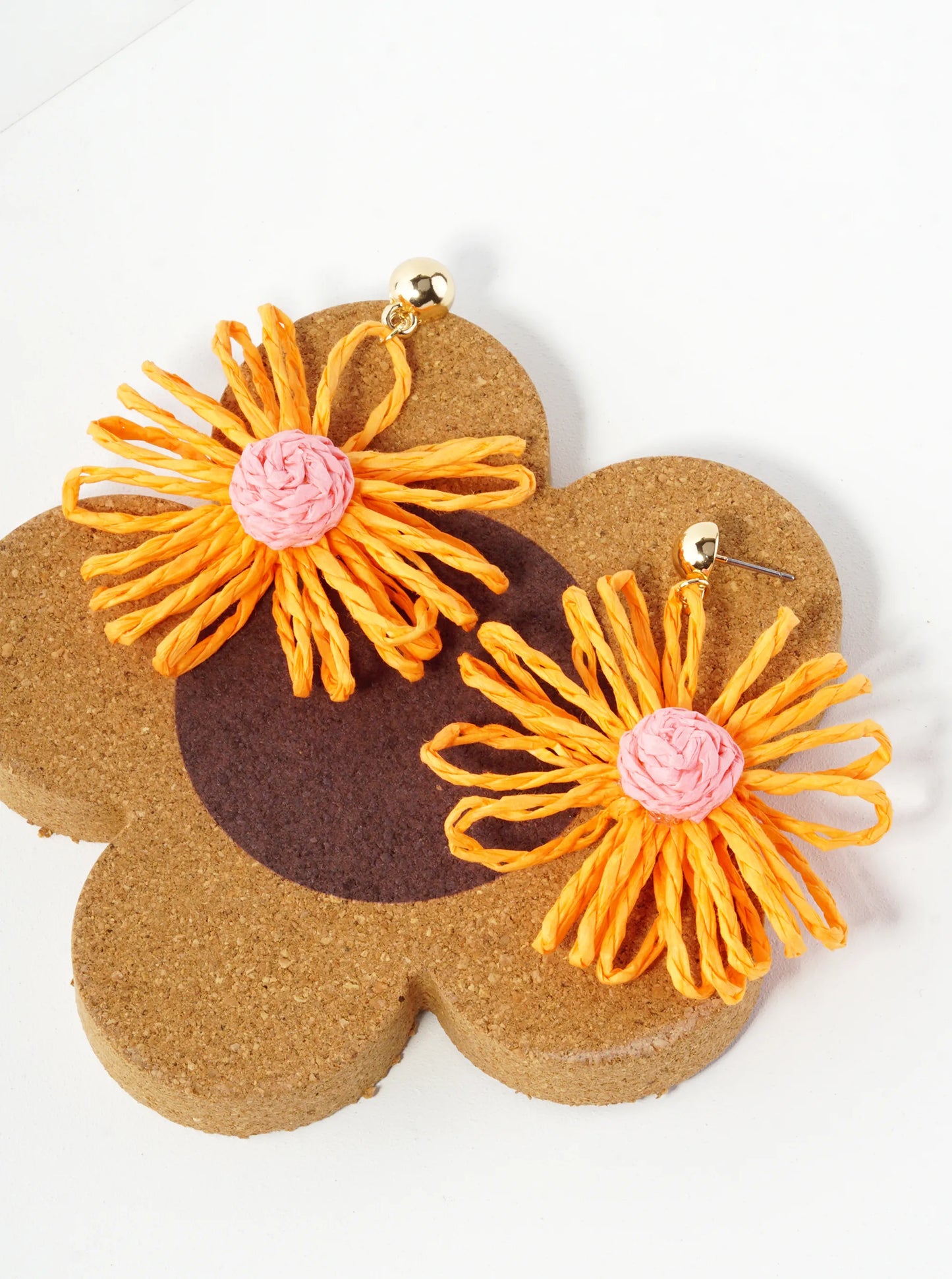 Raffia Flower Drop Lightweight Floral Dangle Post Earrings