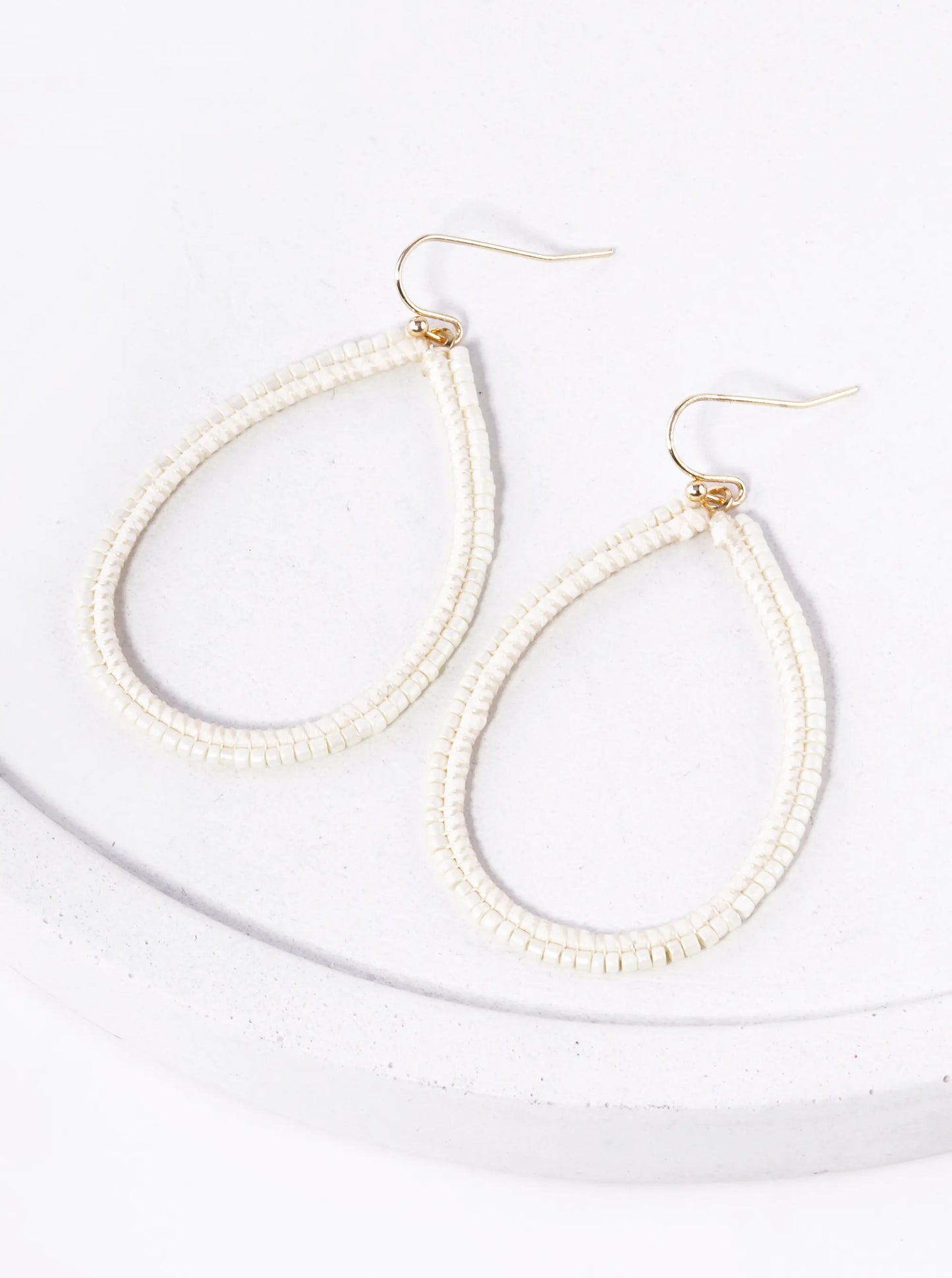 Raffia Seed Beaded Double Line Teardrop Dangle Earrings