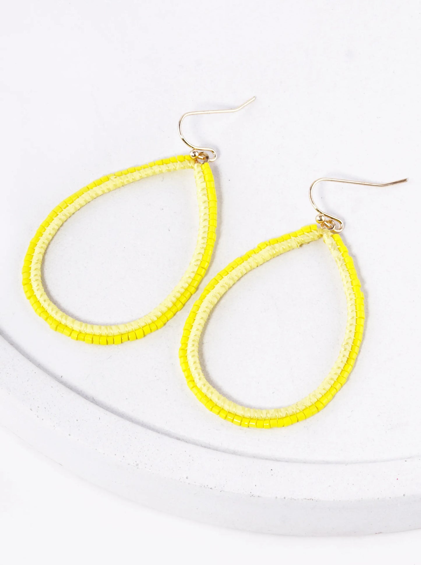 Raffia Seed Beaded Double Line Teardrop Dangle Earrings