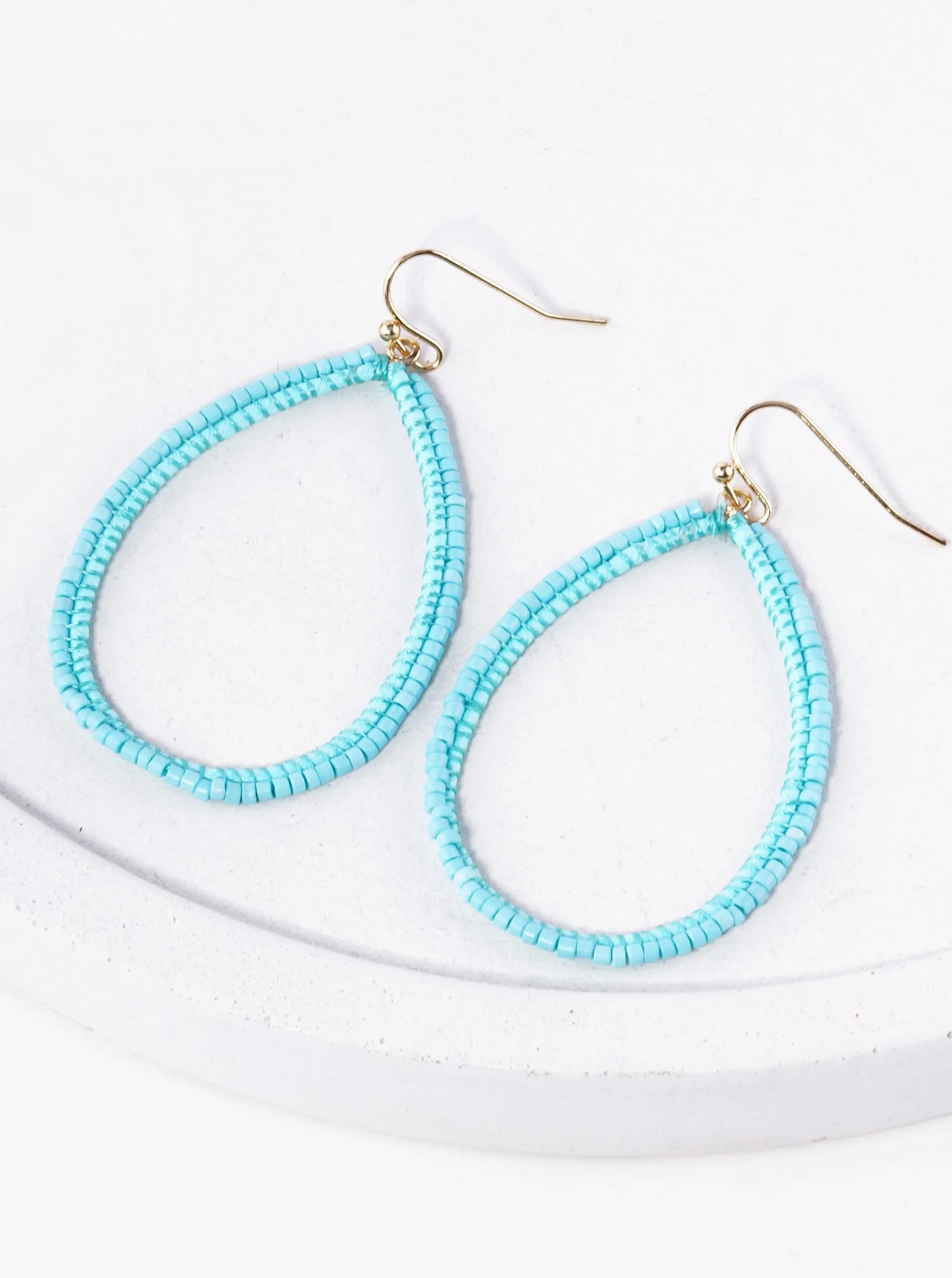 Raffia Seed Beaded Double Line Teardrop Dangle Earrings
