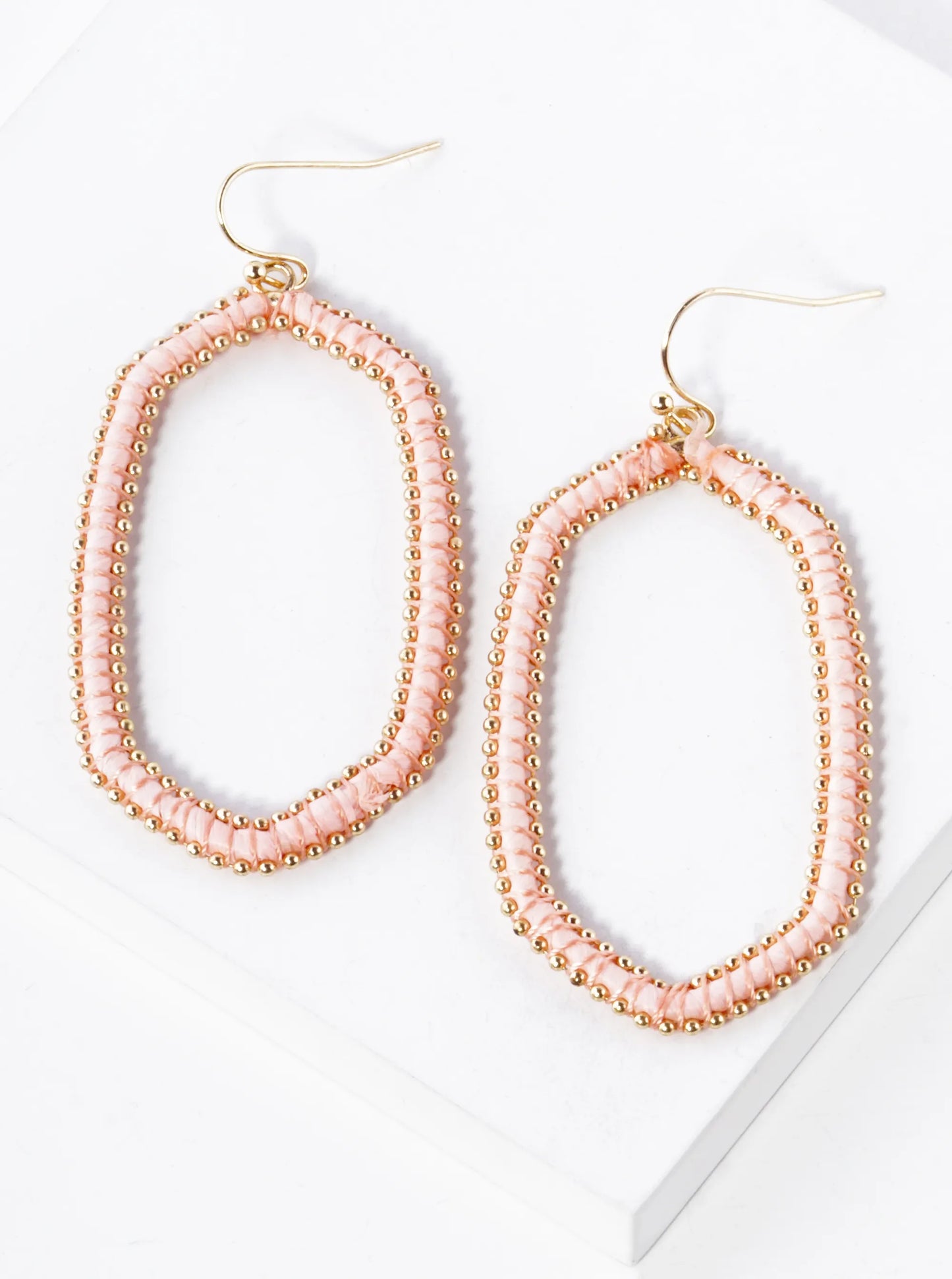 Raffia Thread Wrapped Long Hexagon Dangle Drop Earrings
