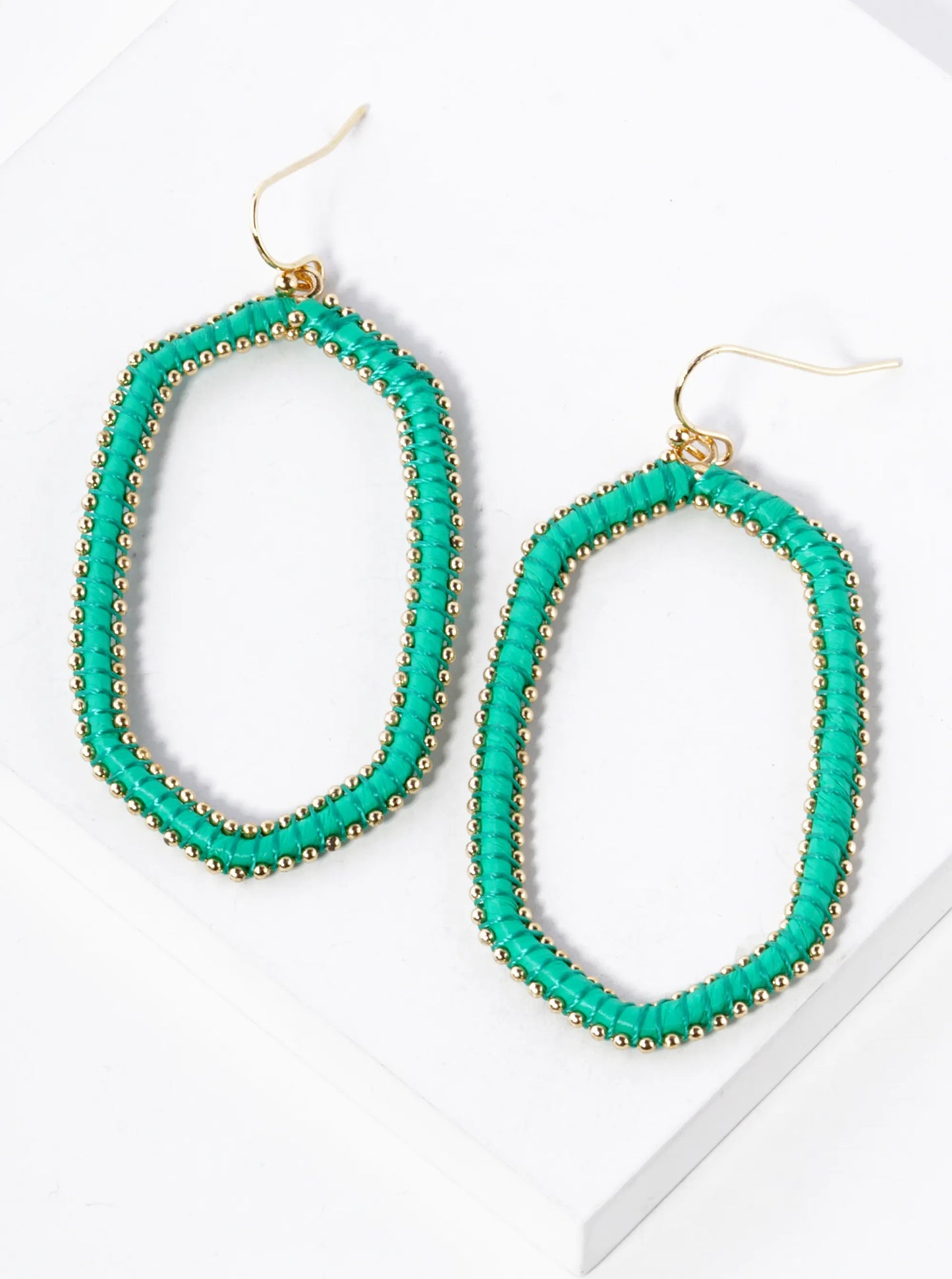 Raffia Thread Wrapped Long Hexagon Dangle Drop Earrings