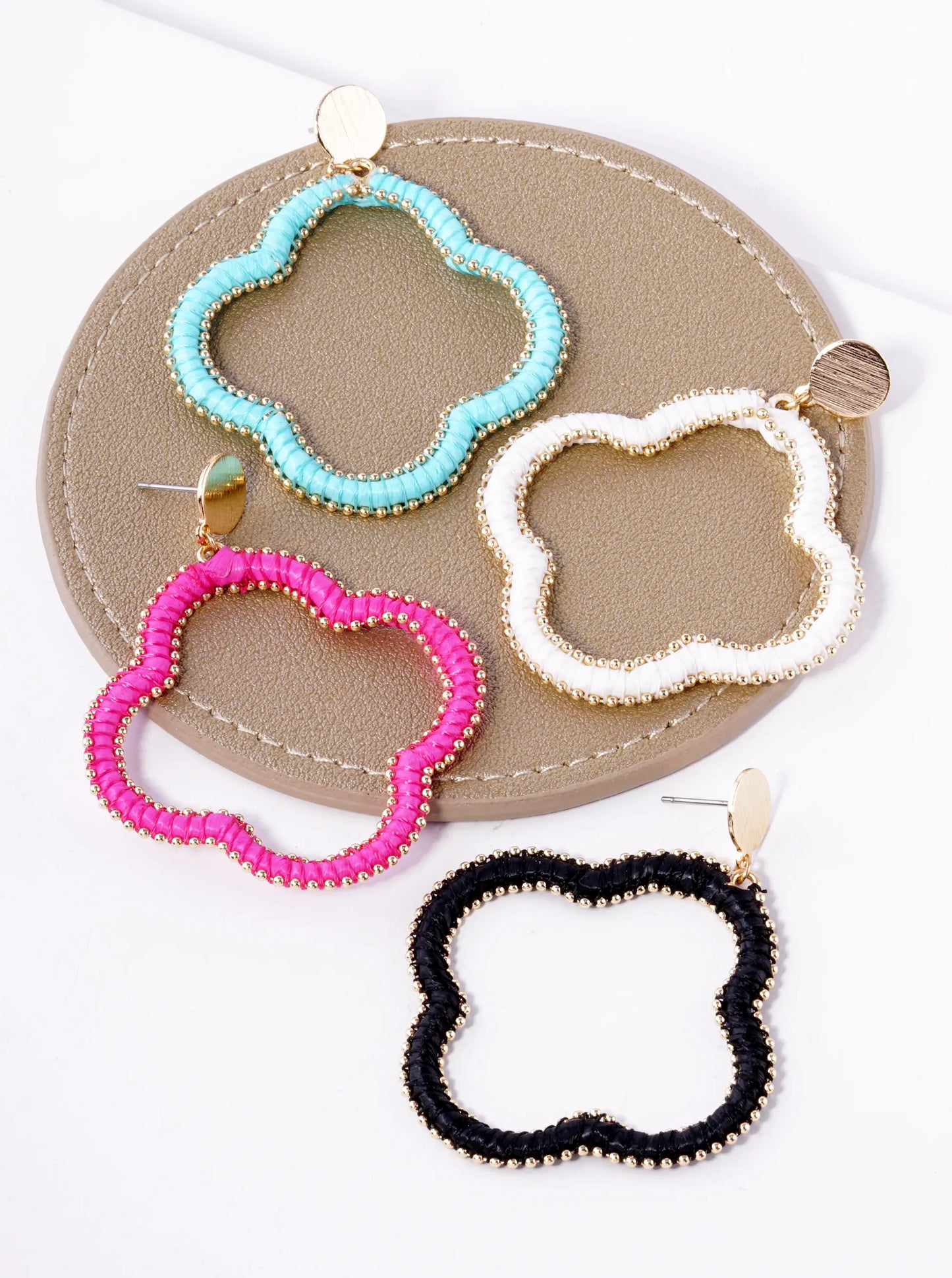 Raffia Thread Wrapped Quatrefoil Drop Post Earrings