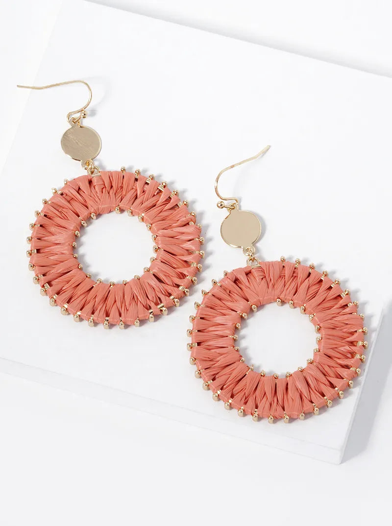 Raffia Wrapped Circle Drop Dangle Earrings