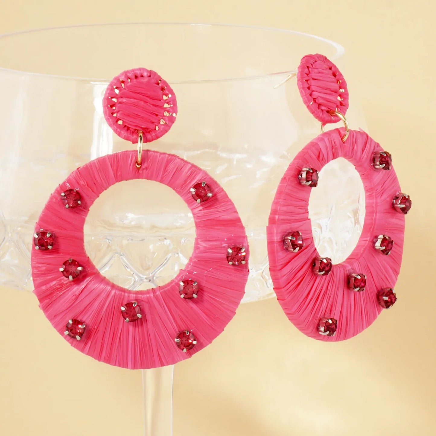Raffia Wrapped Crystal-Studded Circle Drop Statement Earrings