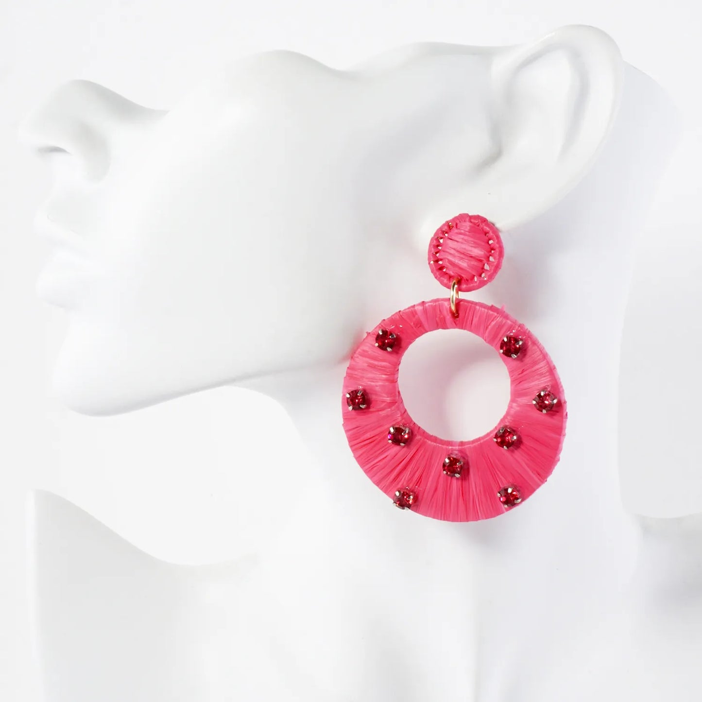 Raffia Wrapped Crystal-Studded Circle Drop Statement Earrings