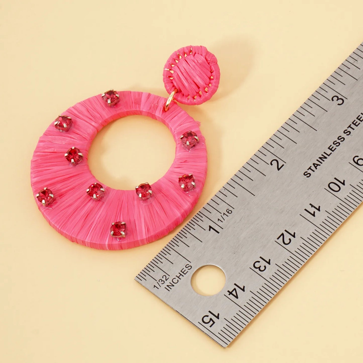 Raffia Wrapped Crystal-Studded Circle Drop Statement Earrings