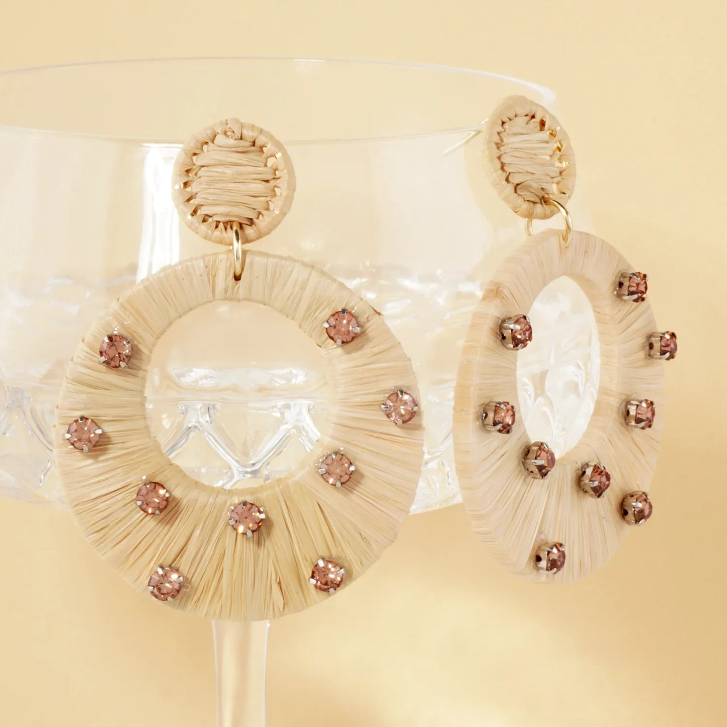 Raffia Wrapped Crystal-Studded Circle Drop Statement Earrings