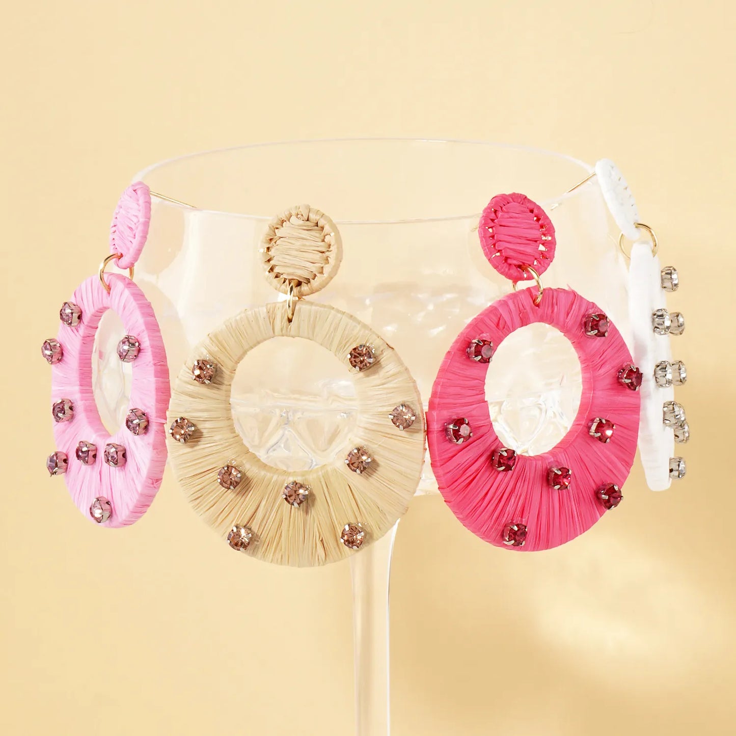 Raffia Wrapped Crystal-Studded Circle Drop Statement Earrings