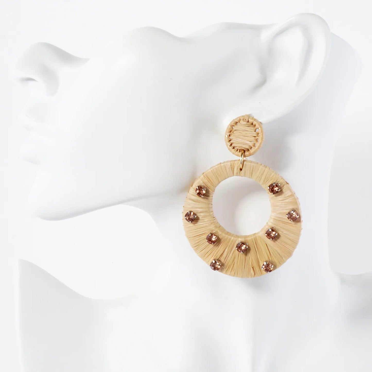 Raffia Wrapped Crystal-Studded Circle Drop Statement Earrings