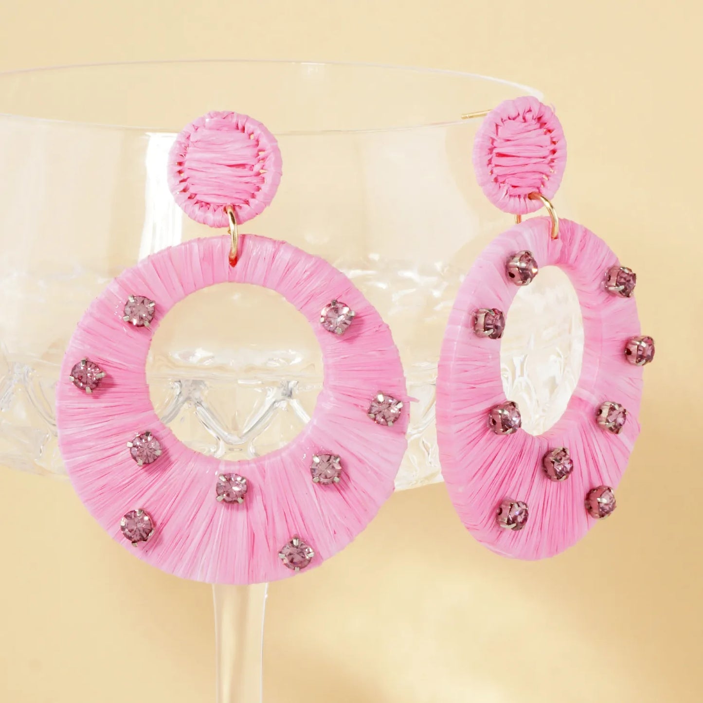 Raffia Wrapped Crystal-Studded Circle Drop Statement Earrings