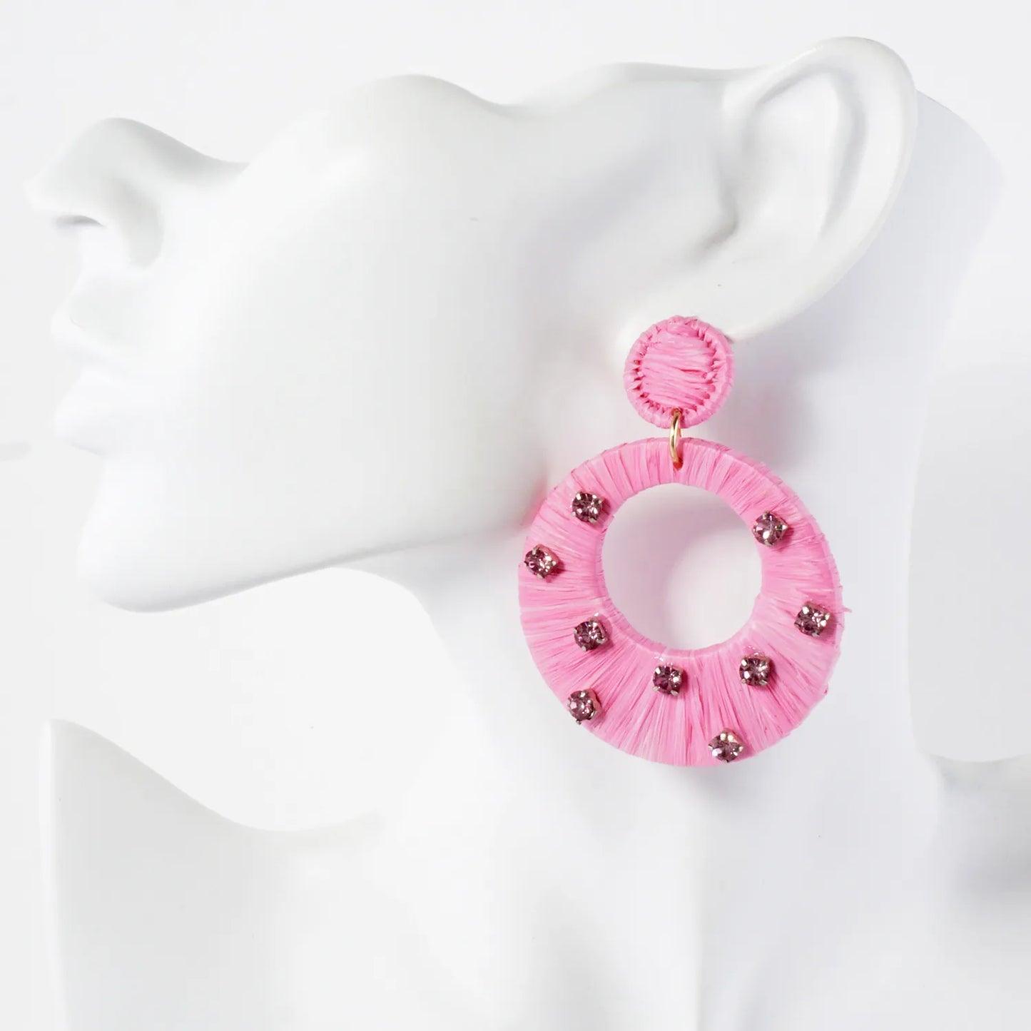 Raffia Wrapped Crystal-Studded Circle Drop Statement Earrings
