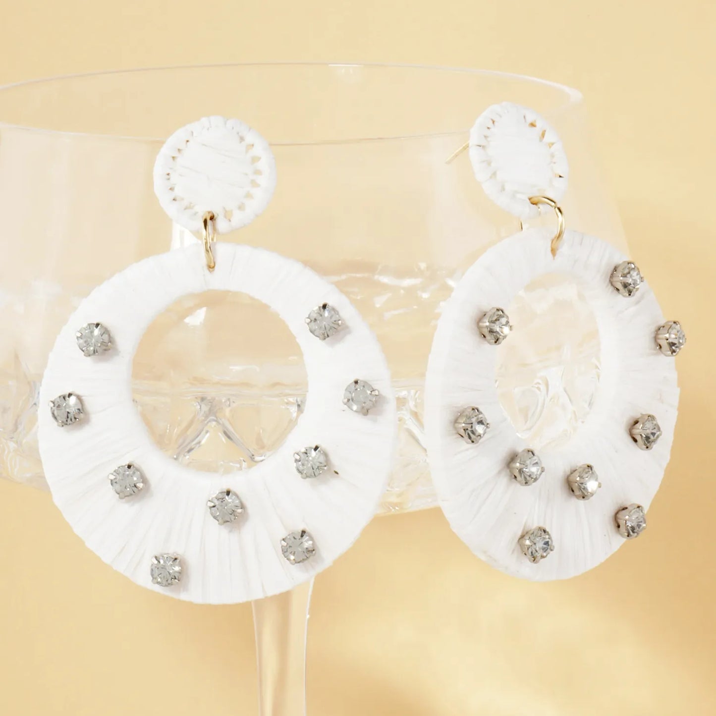 Raffia Wrapped Crystal-Studded Circle Drop Statement Earrings