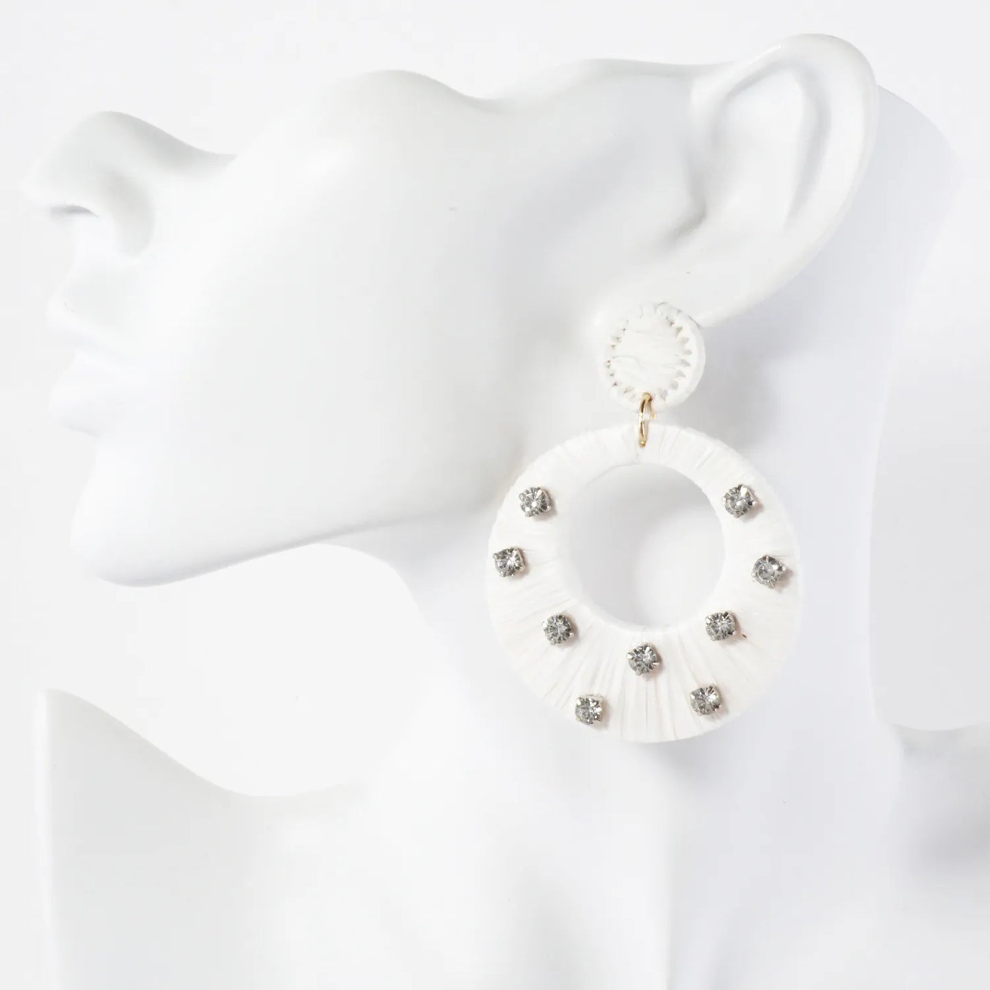 Raffia Wrapped Crystal-Studded Circle Drop Statement Earrings