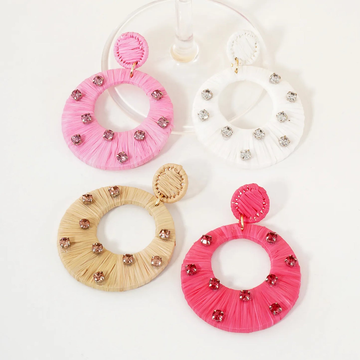 Raffia Wrapped Crystal-Studded Circle Drop Statement Earrings