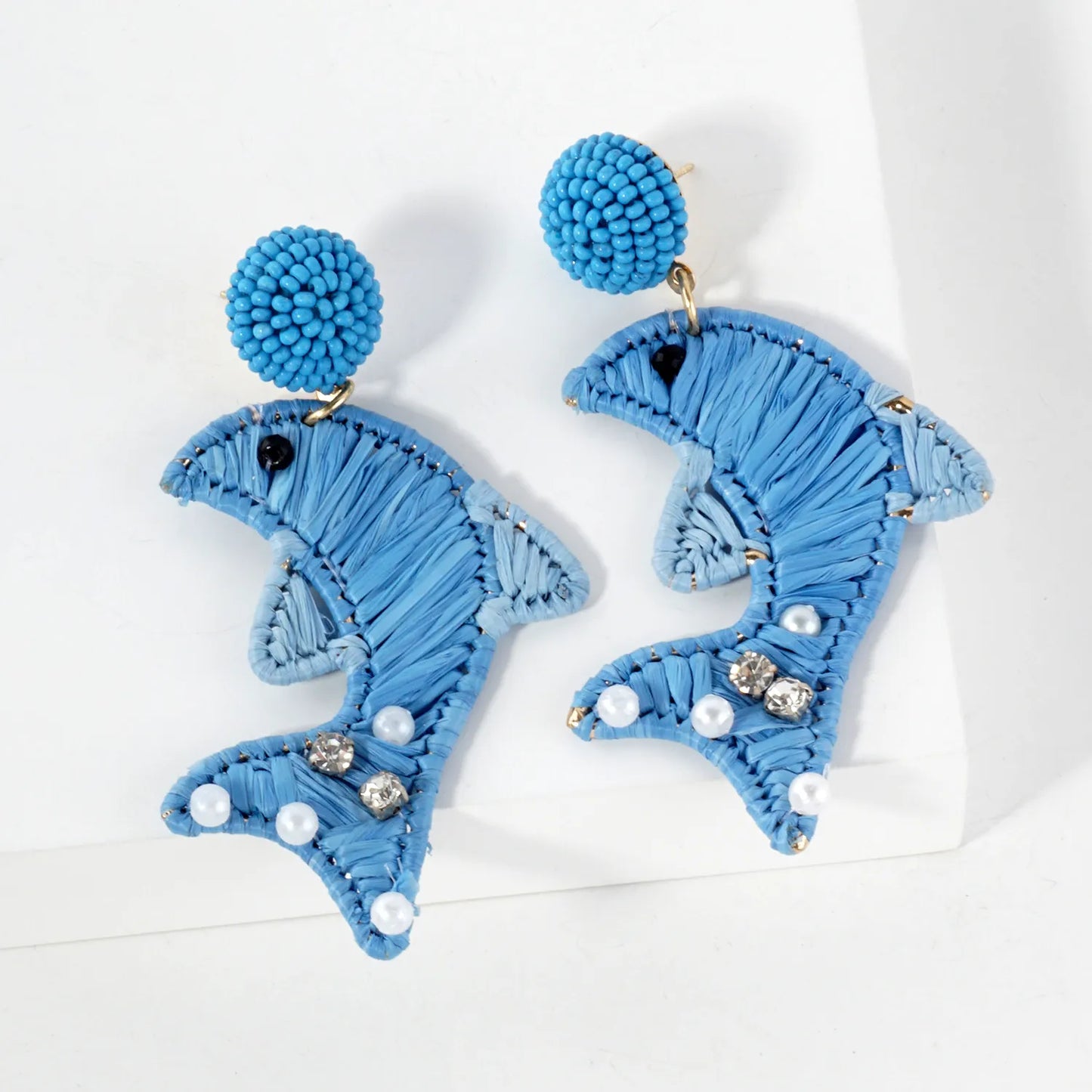 Raffia-Wrapped Dolphin Drop Sea-Life Statement Earrings