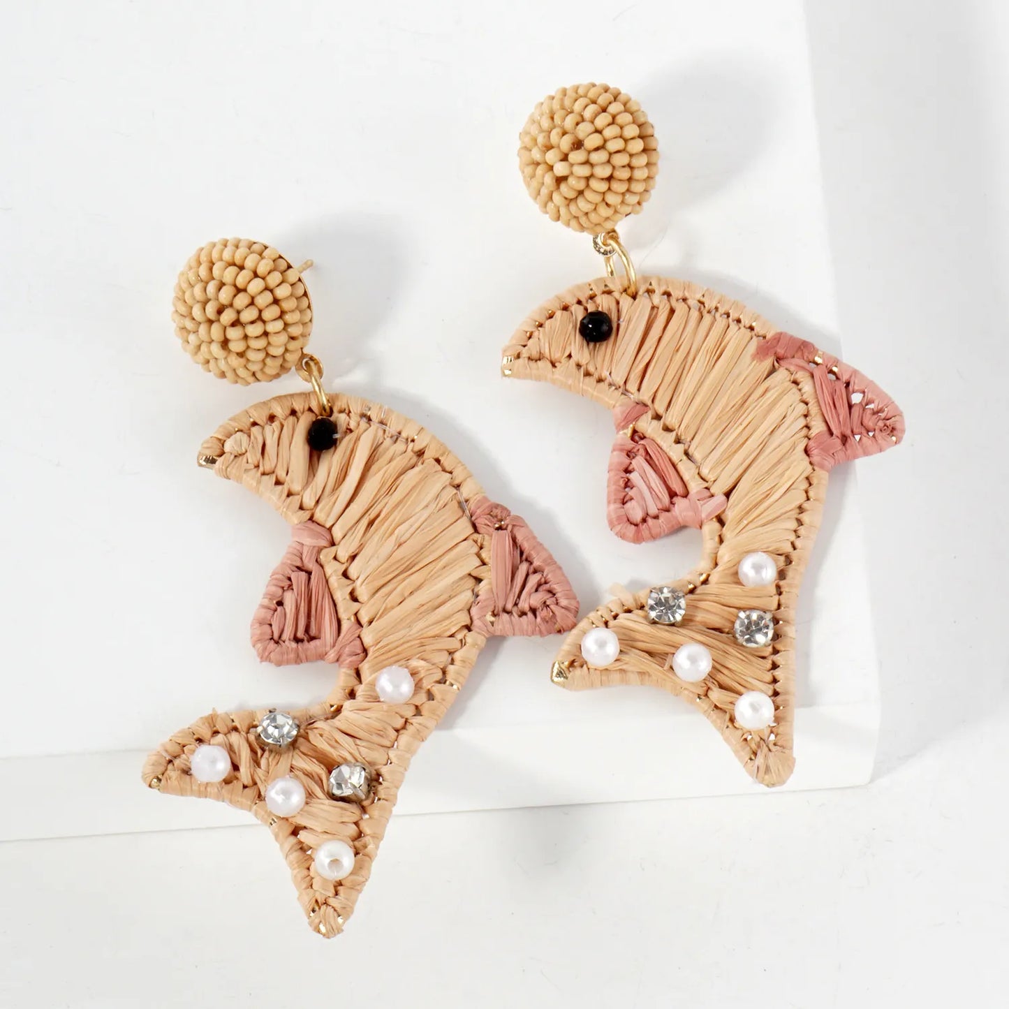 Raffia-Wrapped Dolphin Drop Sea-Life Statement Earrings